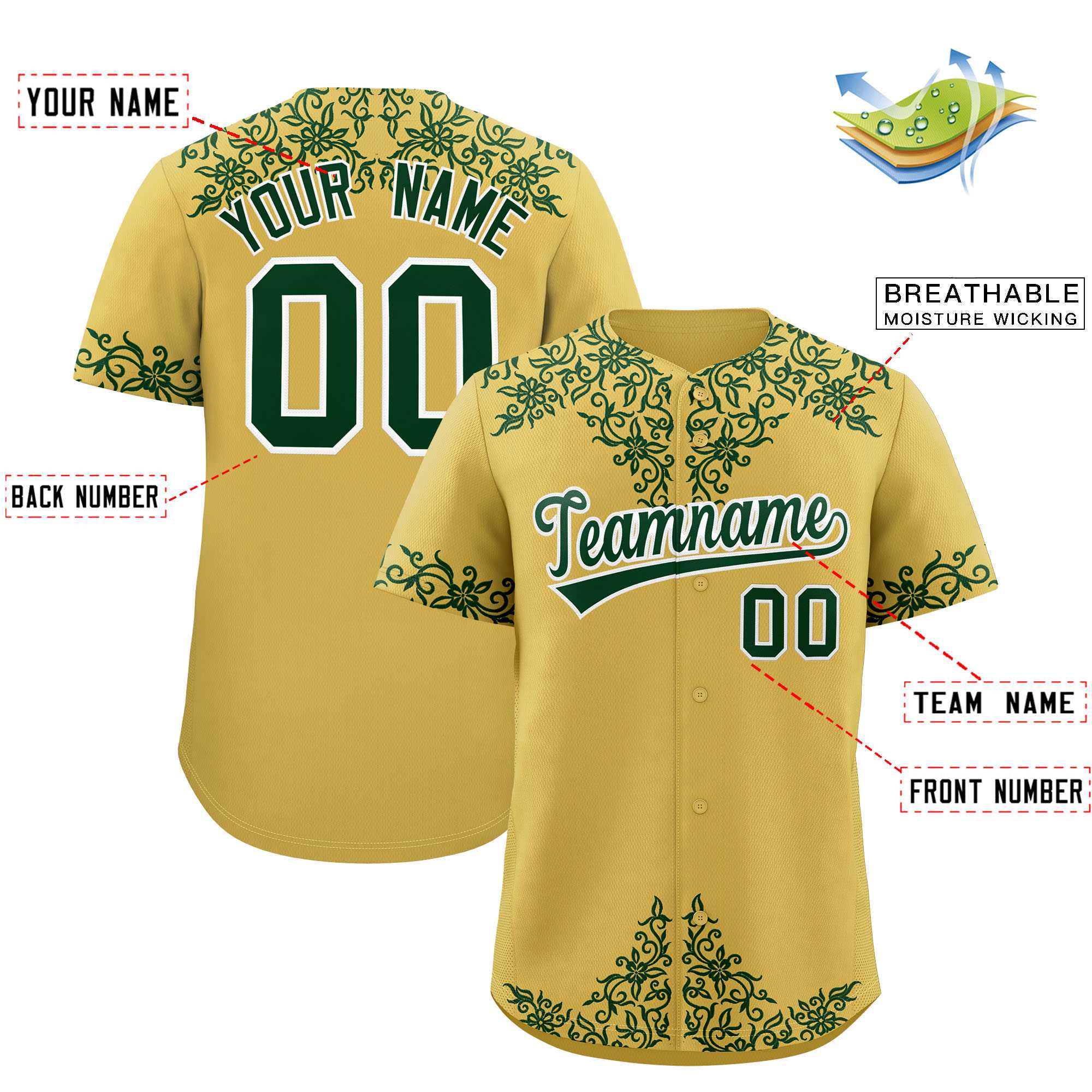 Custom Old Gold Green Baroque Style Personalized Baseball Jersey| KXKSHOP
