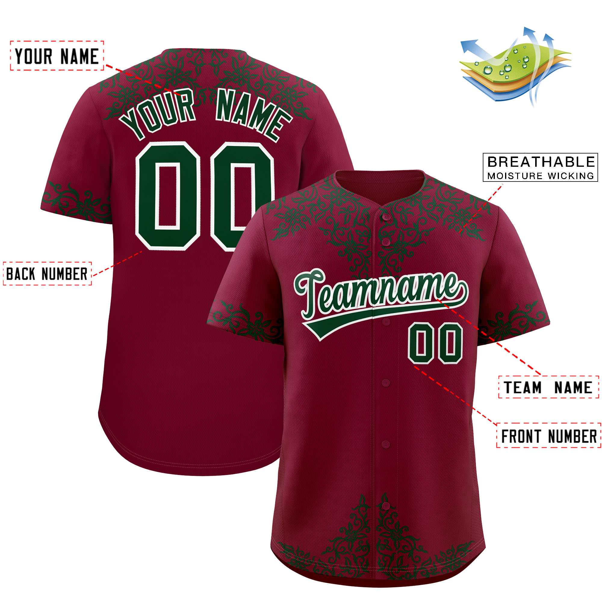 Custom Crimson Green Baroque Style Personalized Baseball Jersey| KXKSHOP