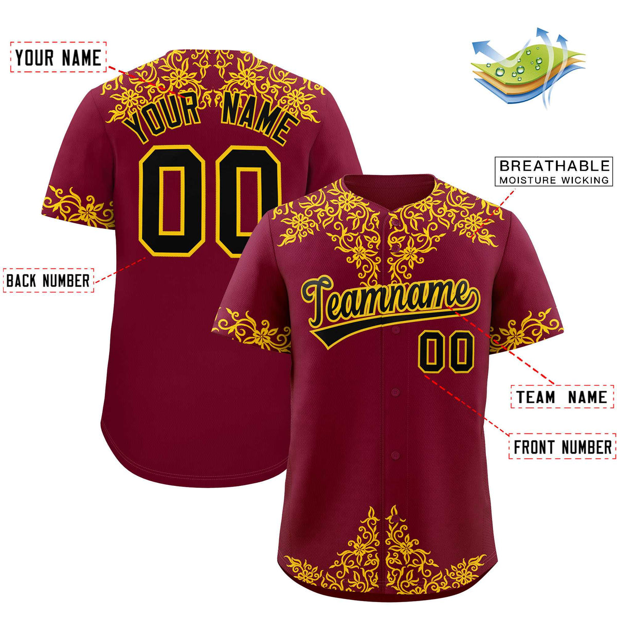 Custom Crimson Yellow Baroque Style Personalized Baseball Jersey| KXKSHOP