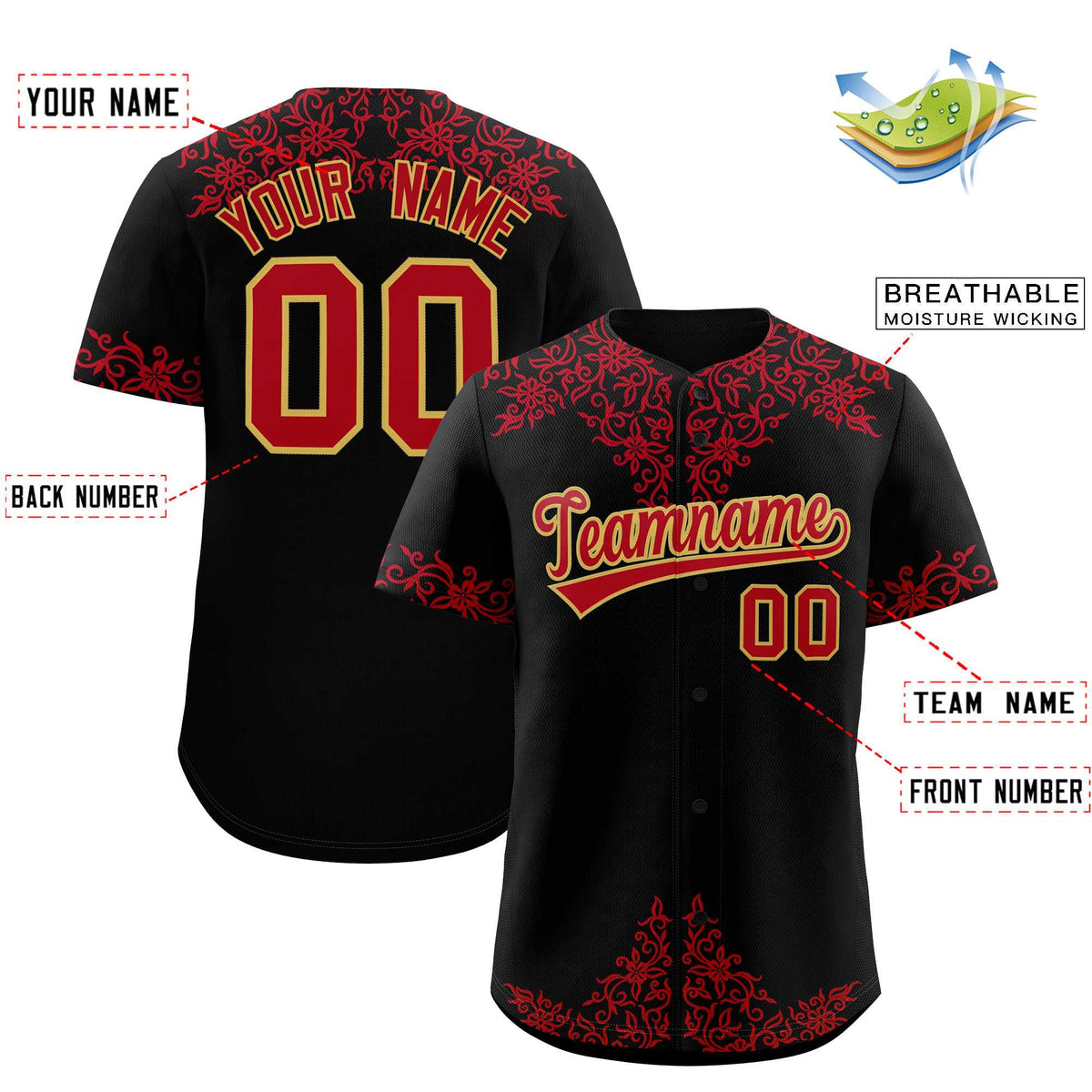 Custom Black Red Baroque Style Personalized Baseball Jersey| KXKSHOP