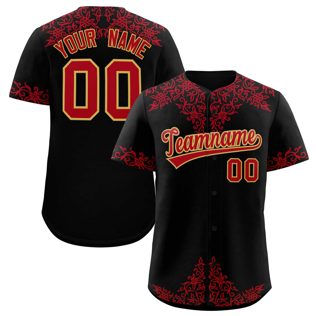 Custom Black Red Baroque Style Personalized Baseball Jersey| KXKSHOP