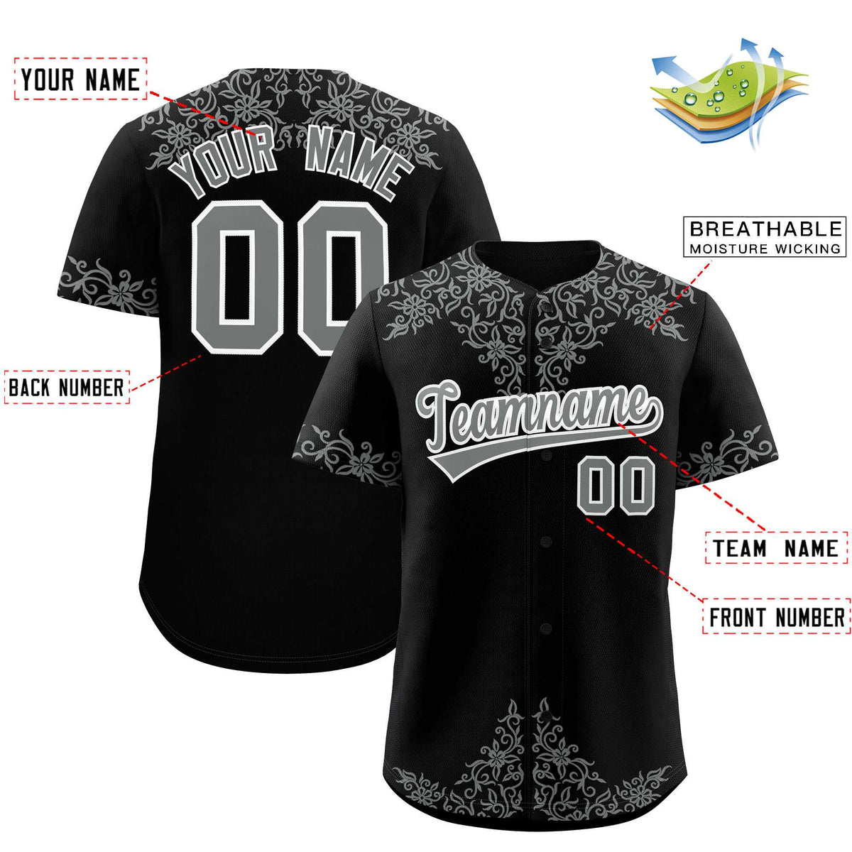 Custom Black Gray Baroque Style Personalized Baseball Jersey| KXKSHOP