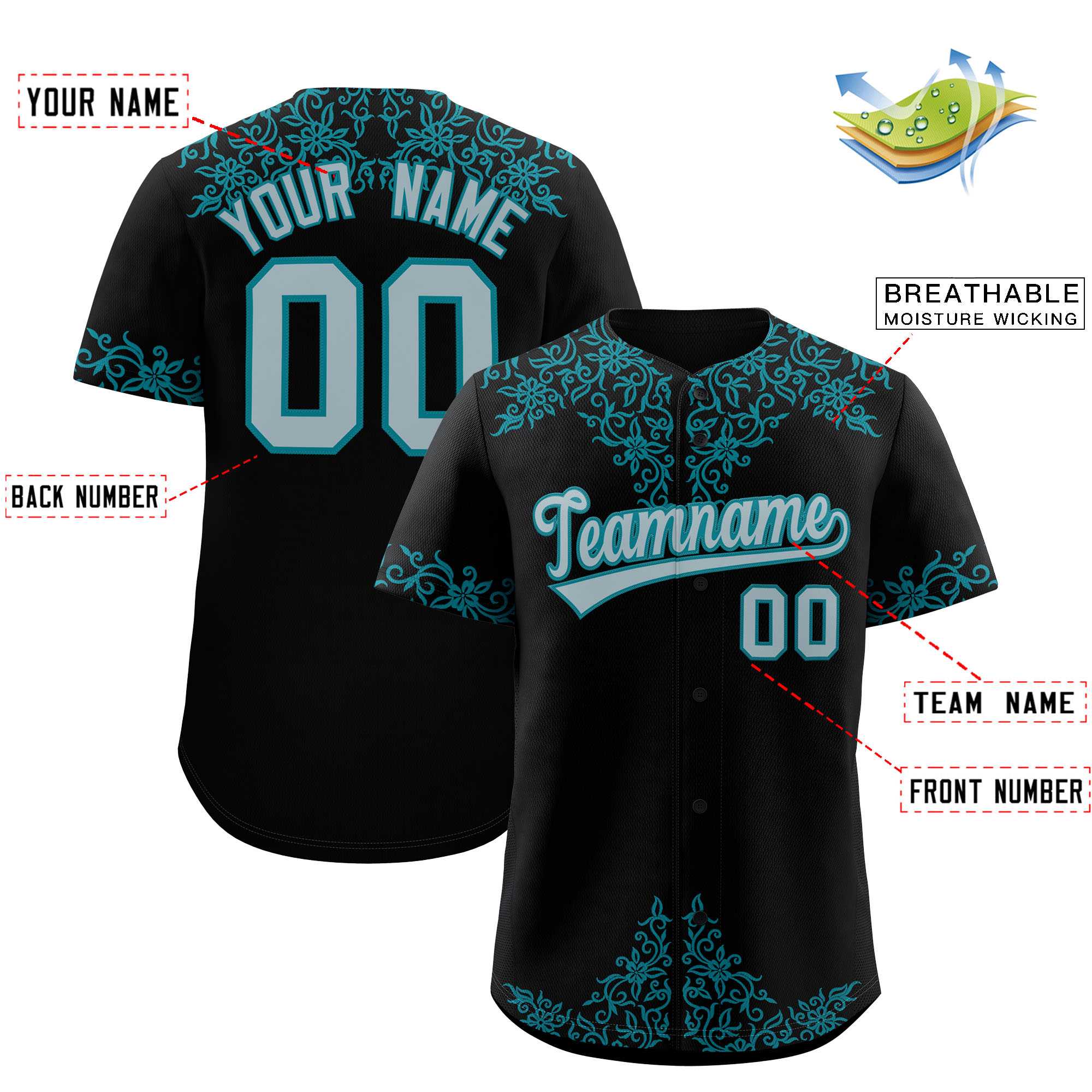 Custom Black Teal Baroque Style Personalized Baseball Jersey| KXKSHOP