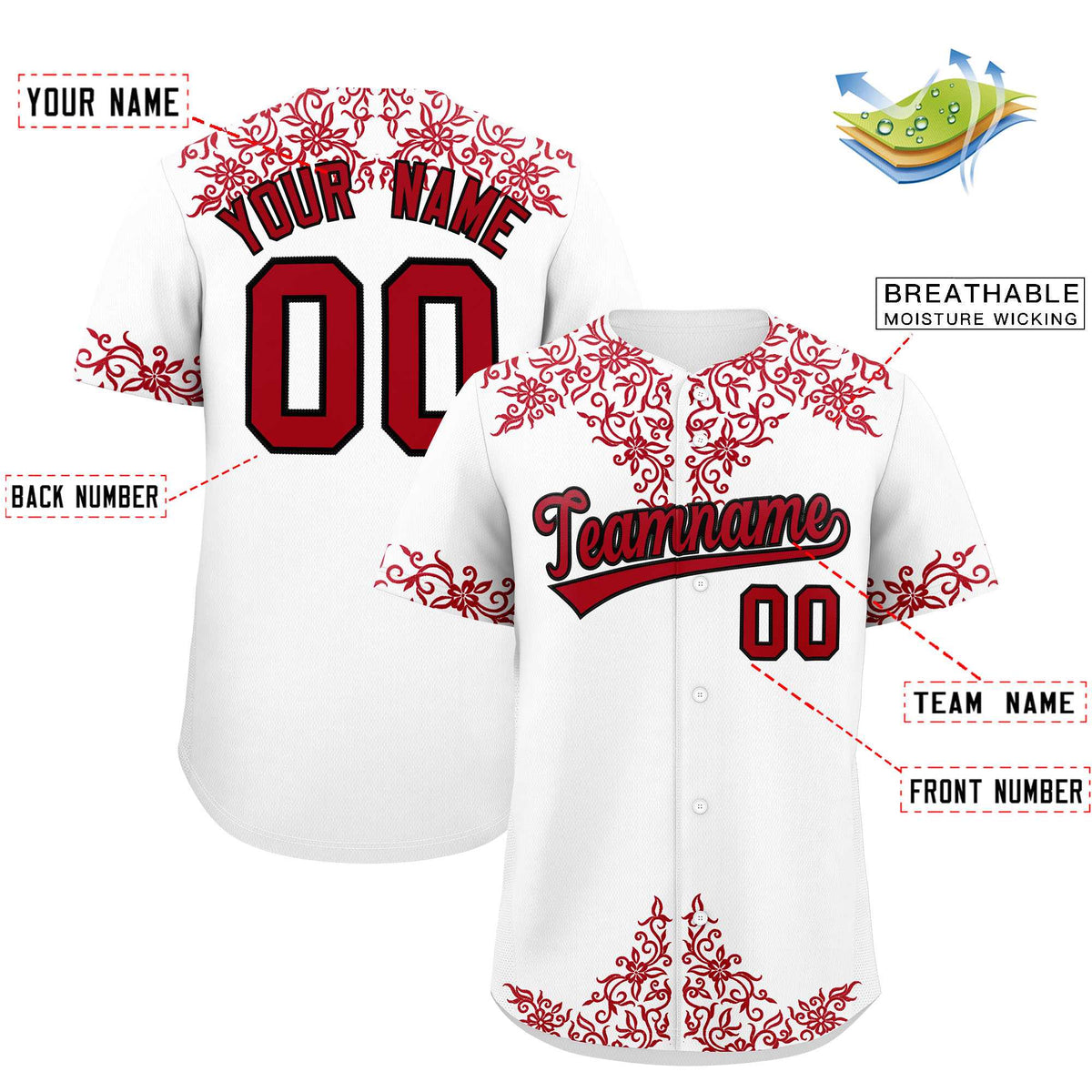 Custom White Red Baroque Style Personalized Baseball Jersey| KXKSHOP