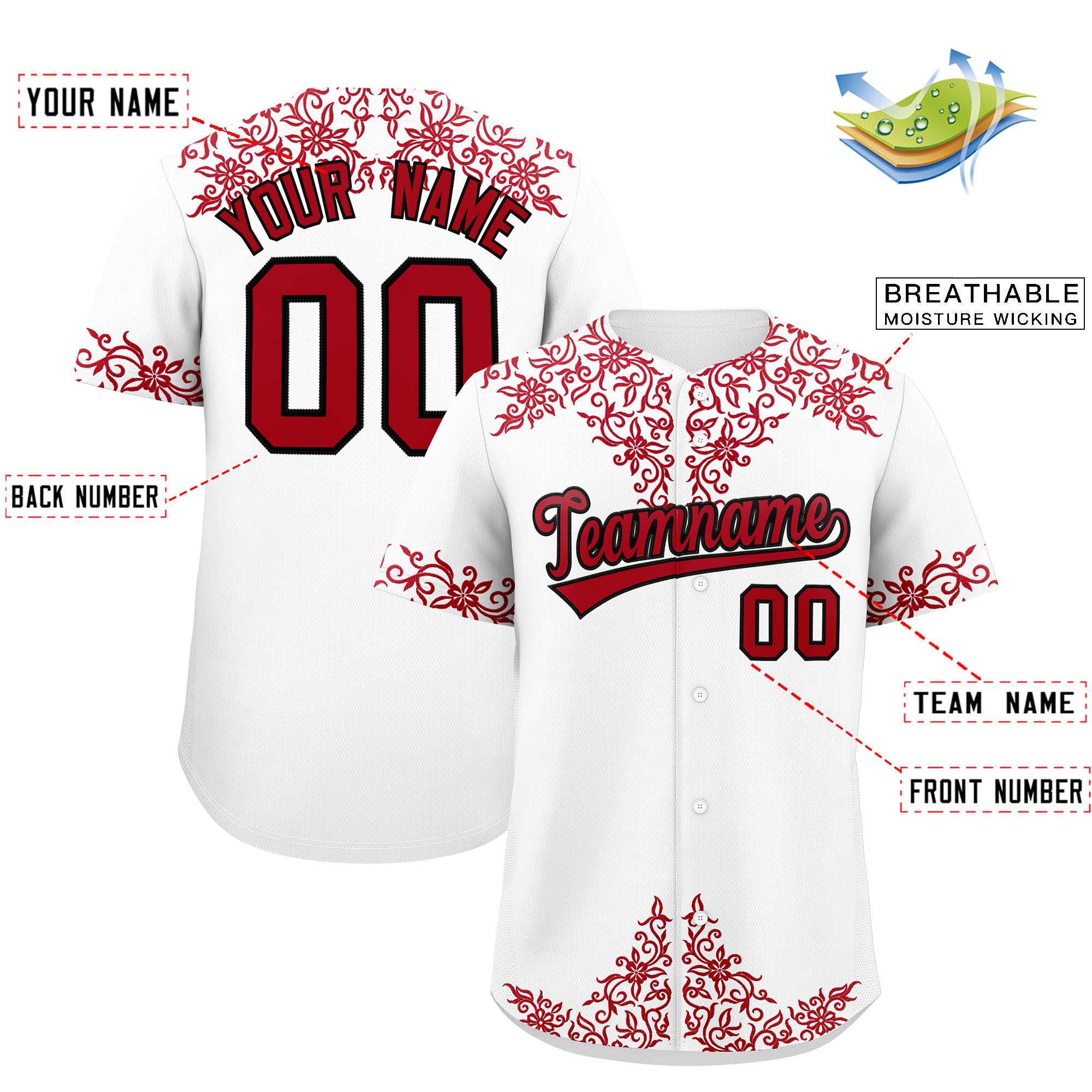 Custom White Red Baroque Style Personalized Baseball Jersey| KXKSHOP