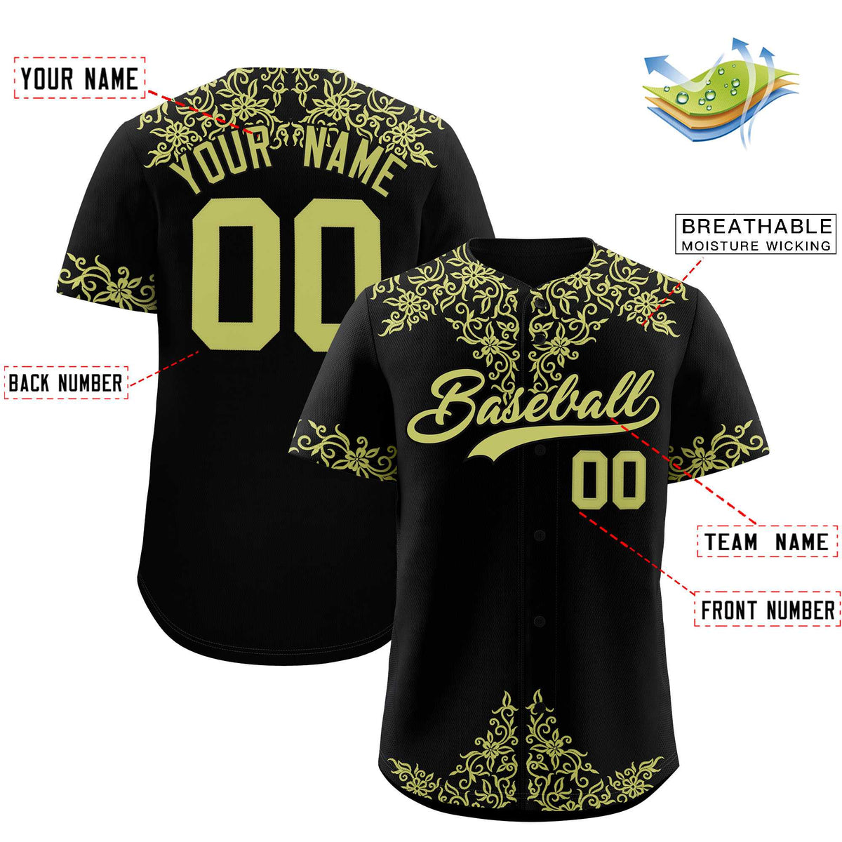 Custom Black Champagne Baroque Style Personalized Baseball Jersey| KXKSHOP