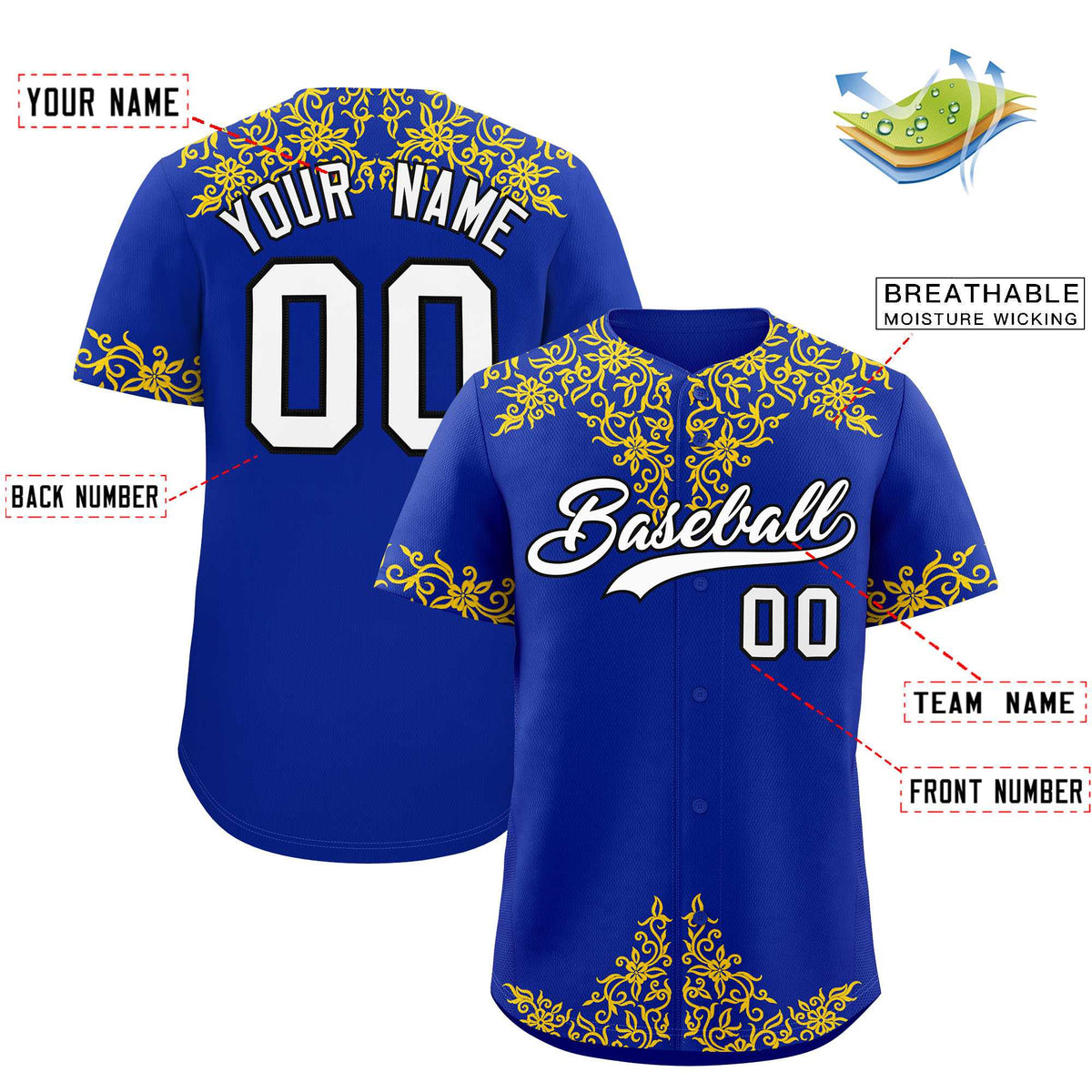 Custom Royal Gold Baroque Style Personalized Baseball Jersey| KXKSHOP