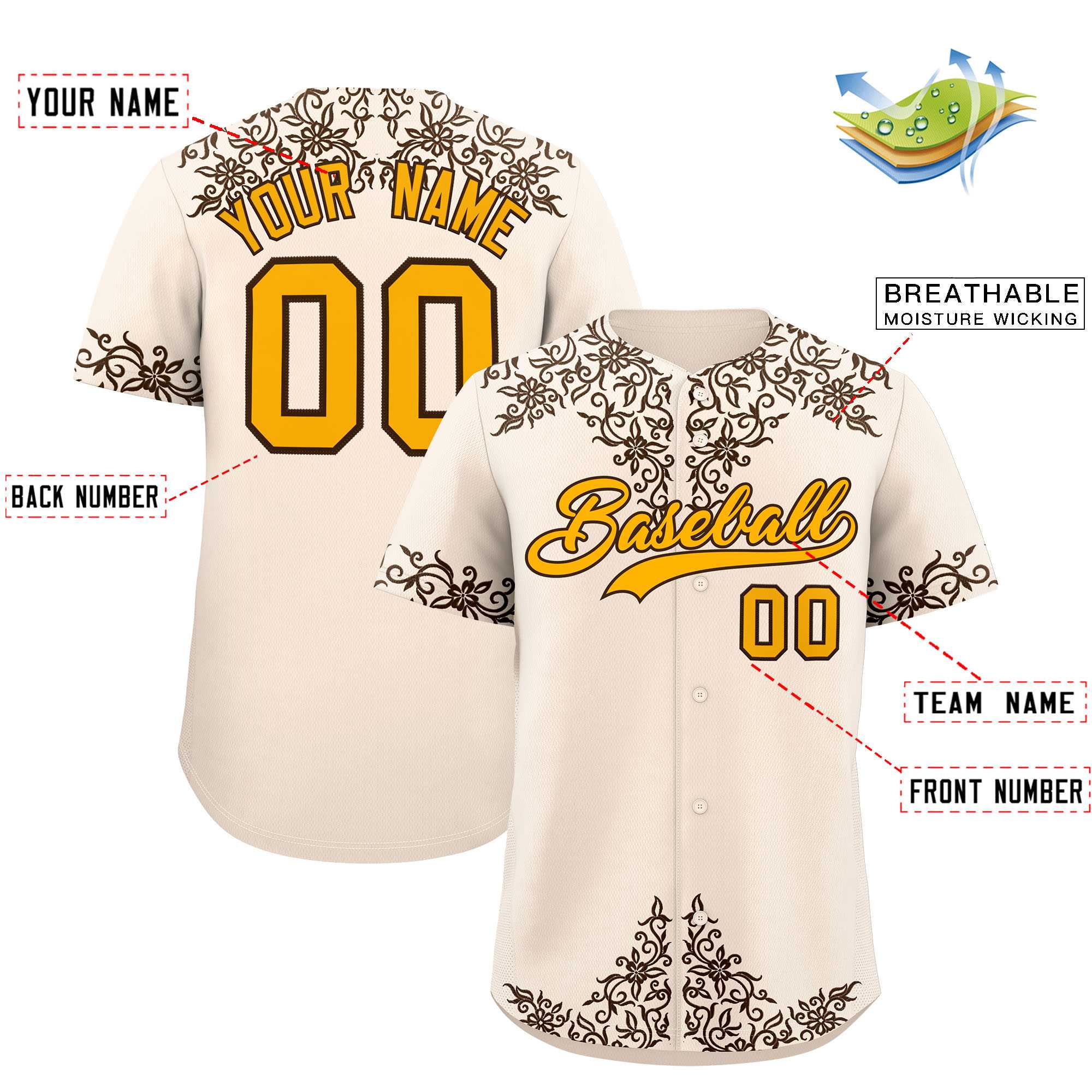Custom Cream Brown Baroque Style Personalized Baseball Jersey| KXKSHOP