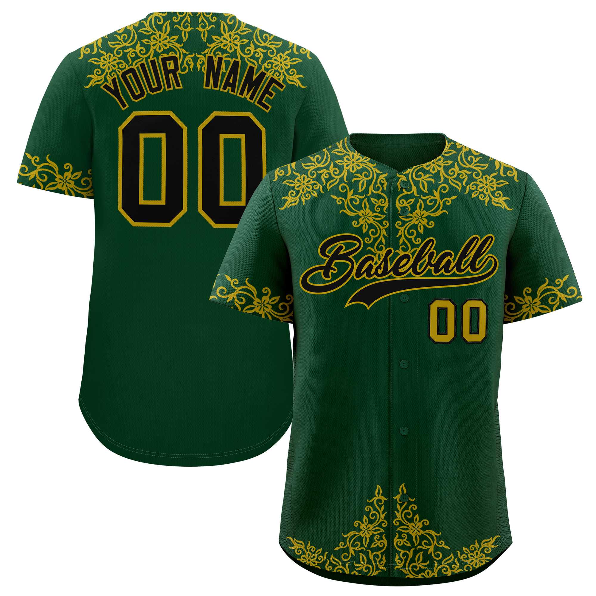 Custom Green Old Gold Baroque Style Personalized Baseball Jersey| KXKSHOP