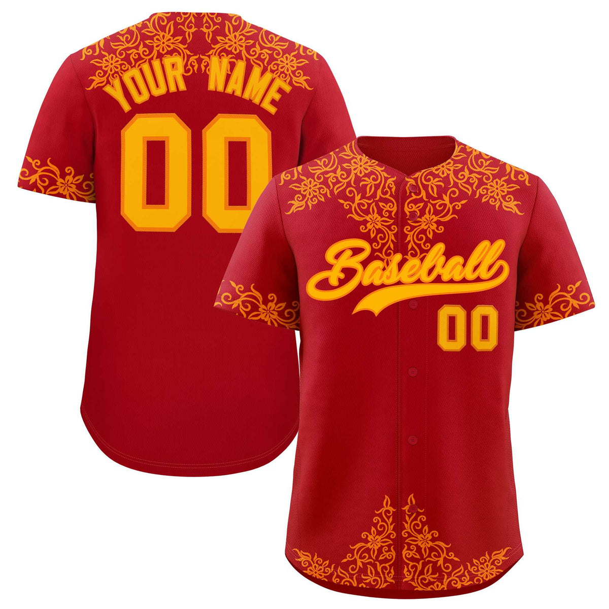 Custom Red Yellow Baroque Style Personalized Baseball Jersey| KXKSHOP