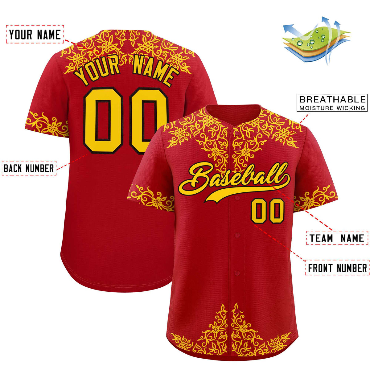 Custom Red Gold Baroque Style Personalized Baseball Jersey| KXKSHOP