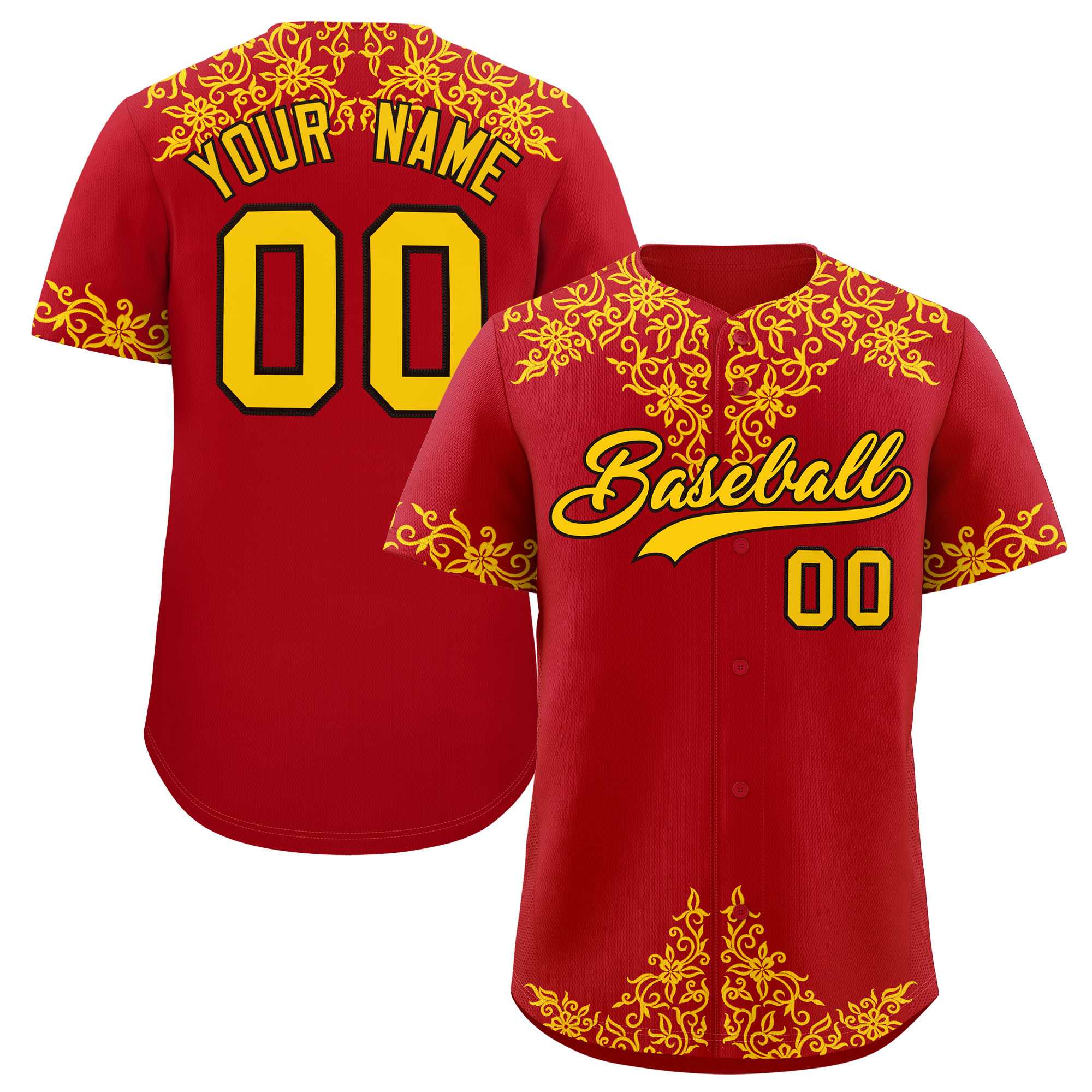 Custom Red Gold Baroque Style Personalized Baseball Jersey| KXKSHOP