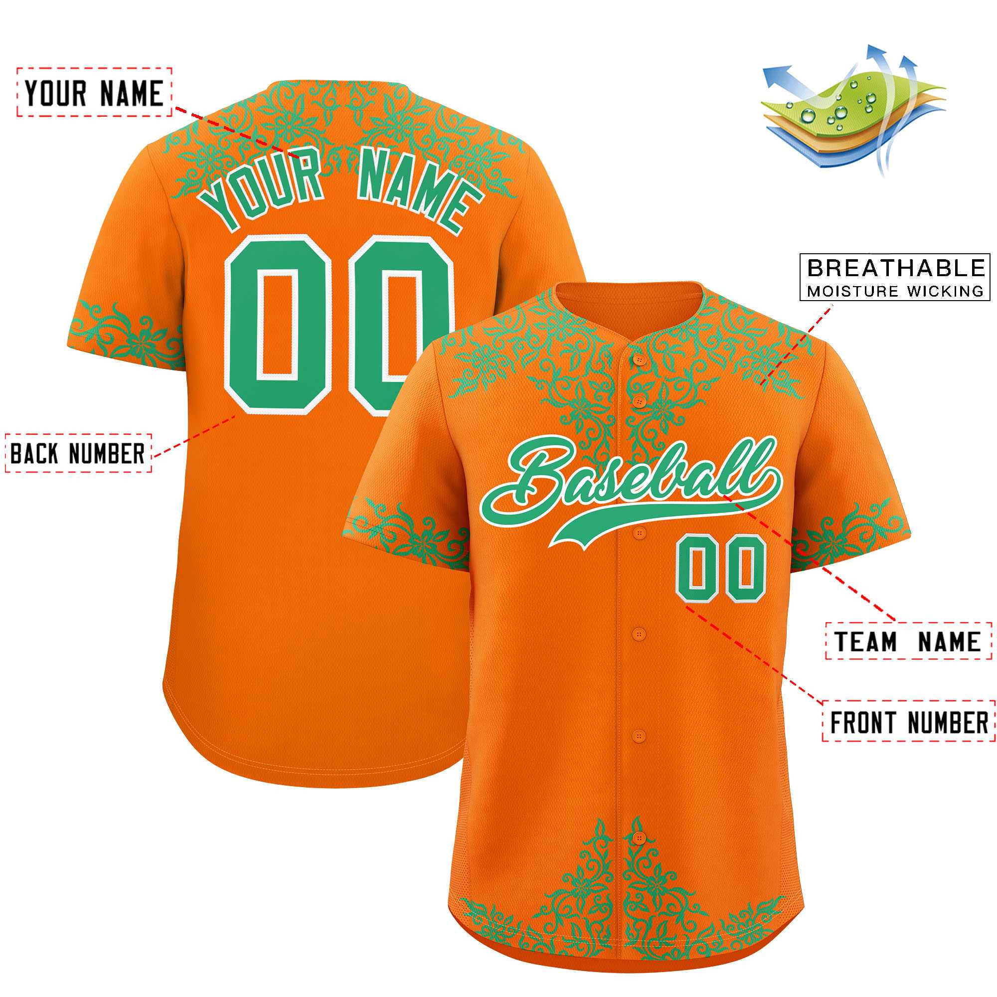 Custom Orange Bright Green Baroque Style Personalized Baseball Jersey| KXKSHOP