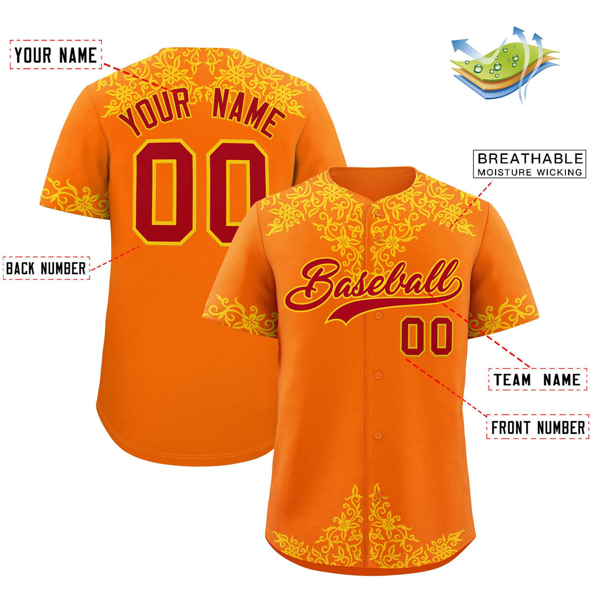 Custom Orange Gold Baroque Style Personalized Baseball Jersey| KXKSHOP