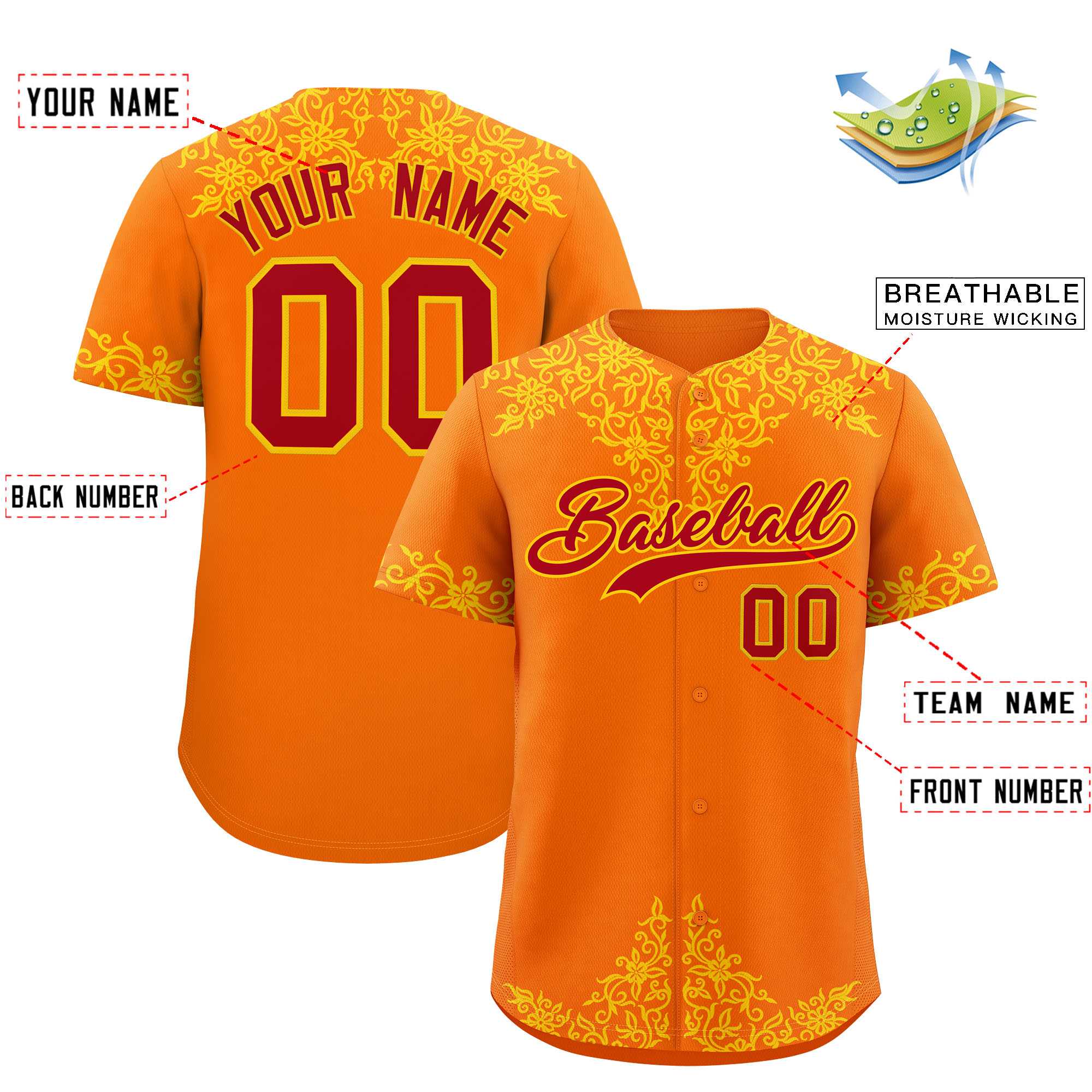 Custom Orange Gold Baroque Style Personalized Baseball Jersey| KXKSHOP