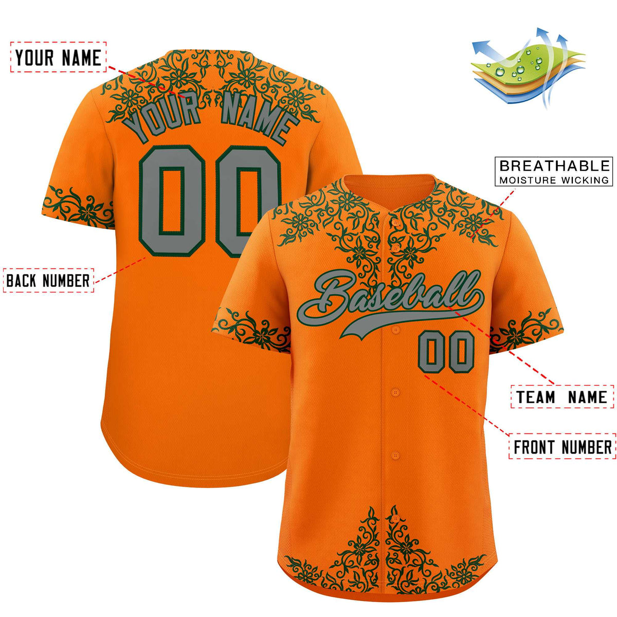 Custom Orange Green Baroque Style Personalized Baseball Jersey| KXKSHOP