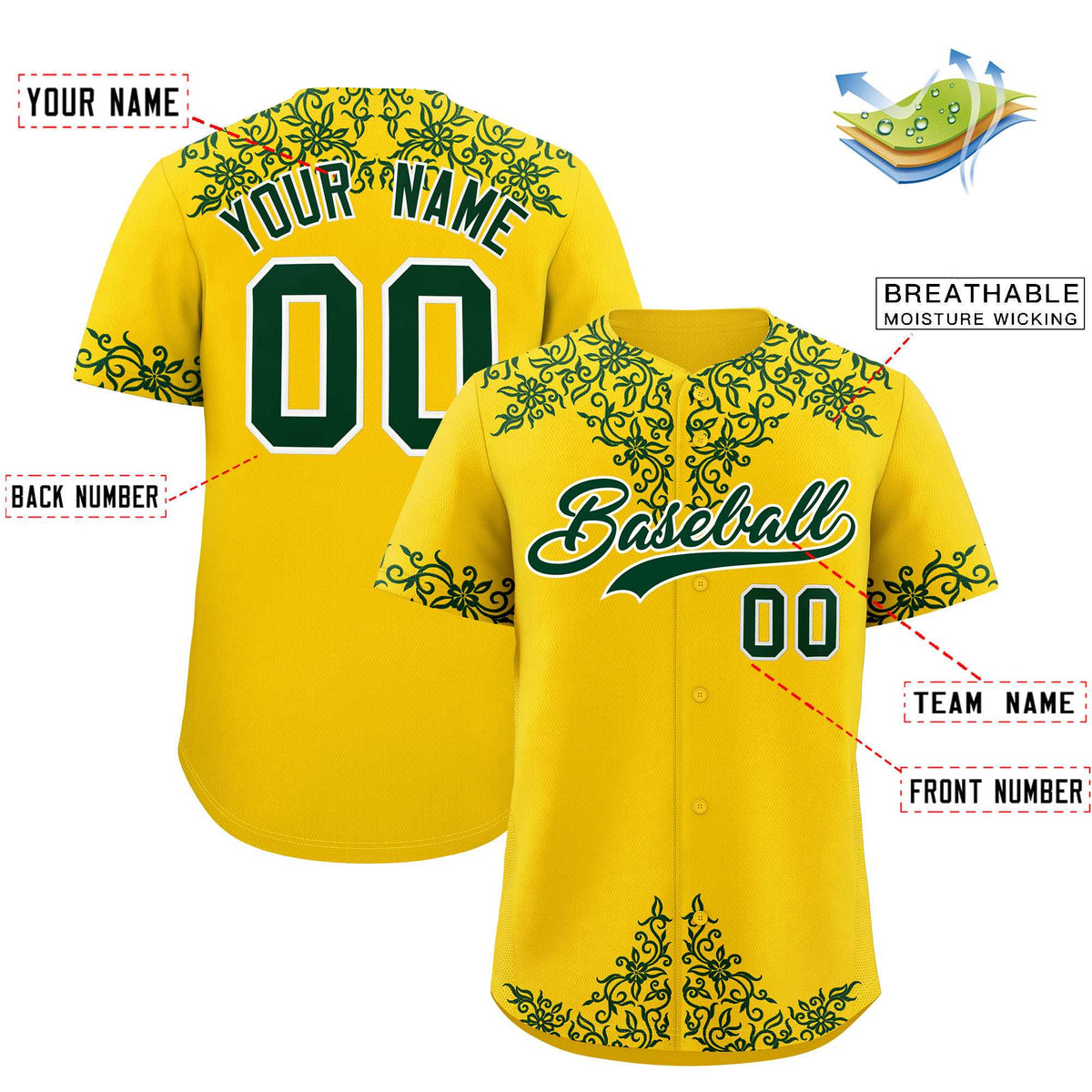Custom Gold Green Baroque Style Personalized Baseball Jersey| KXKSHOP