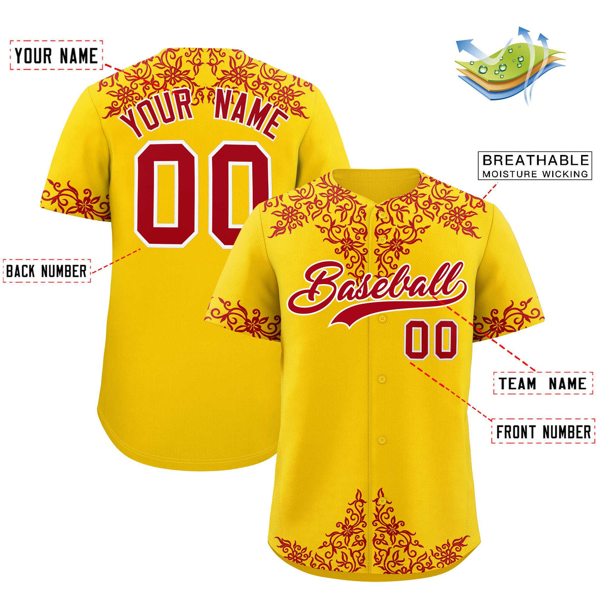 Custom Gold Red Baroque Style Personalized Baseball Jersey| KXKSHOP