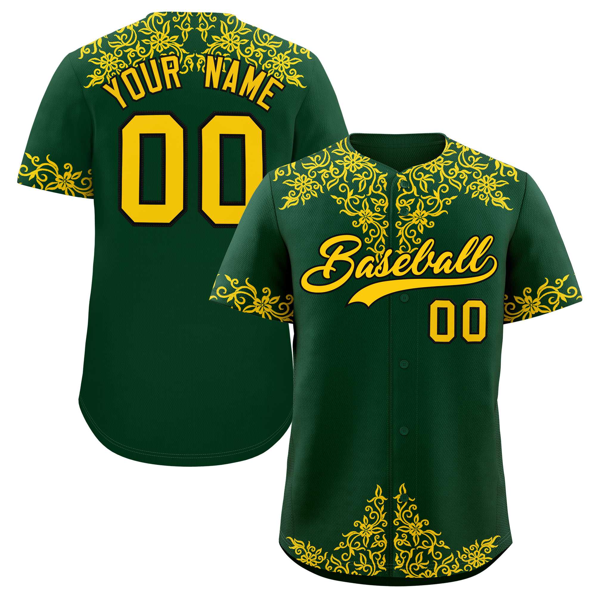 Custom Green Gold Baroque Style Personalized Baseball Jersey| KXKSHOP