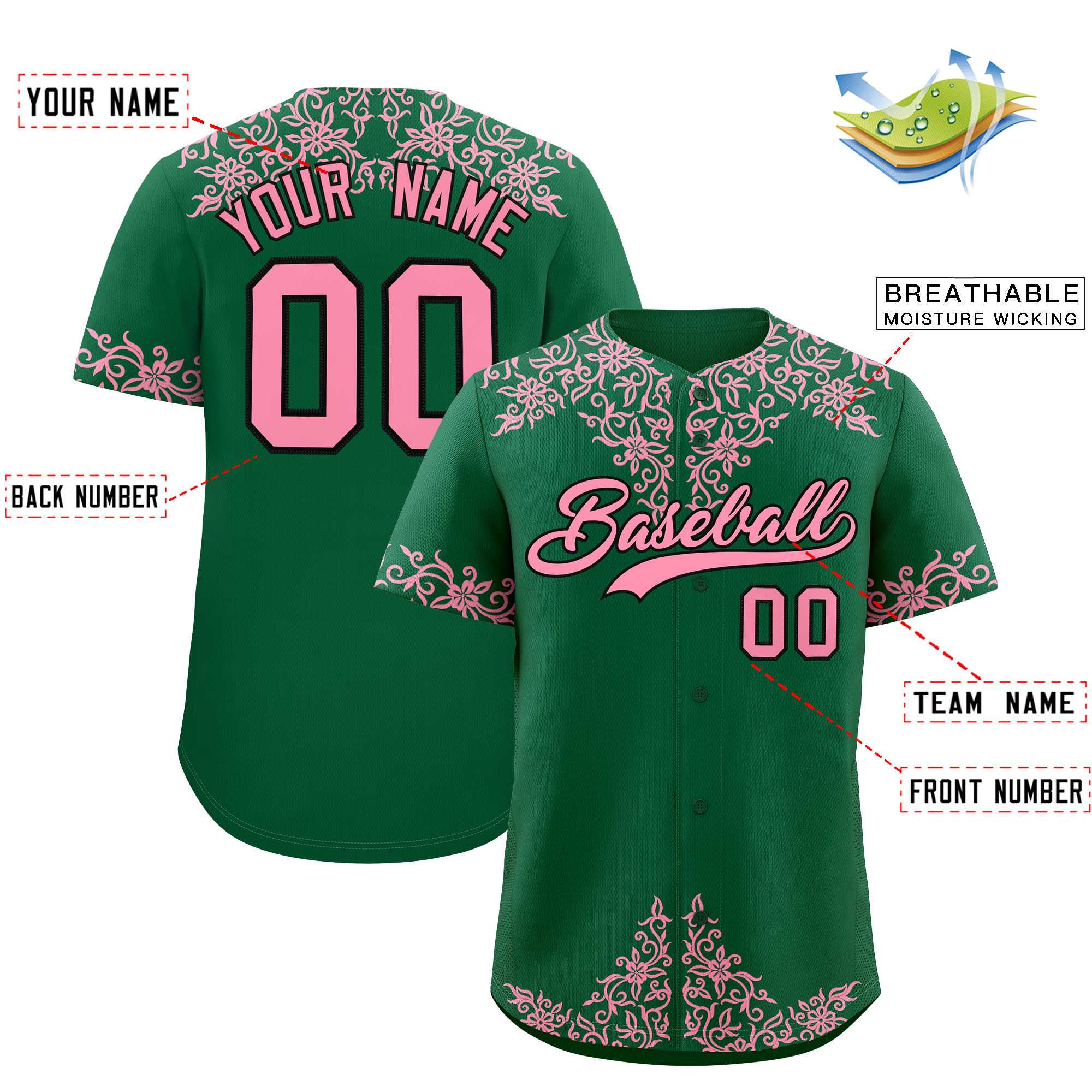 Custom Kelly Green Light Pink Baroque Style Personalized Baseball Jersey| KXKSHOP