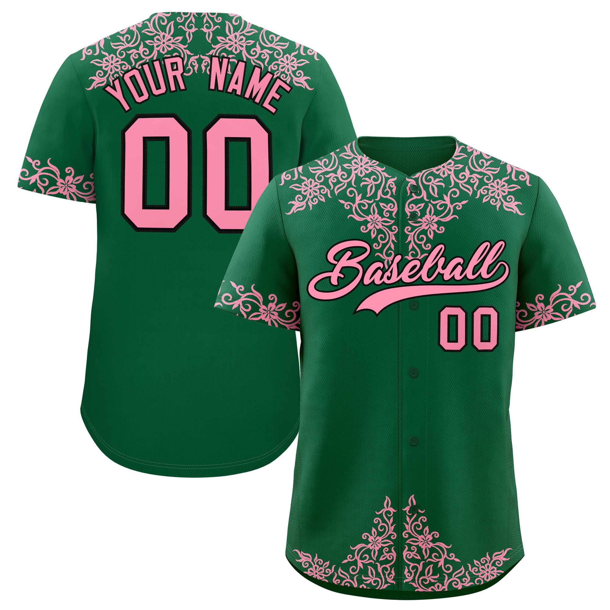 Custom Kelly Green Light Pink Baroque Style Personalized Baseball Jersey| KXKSHOP