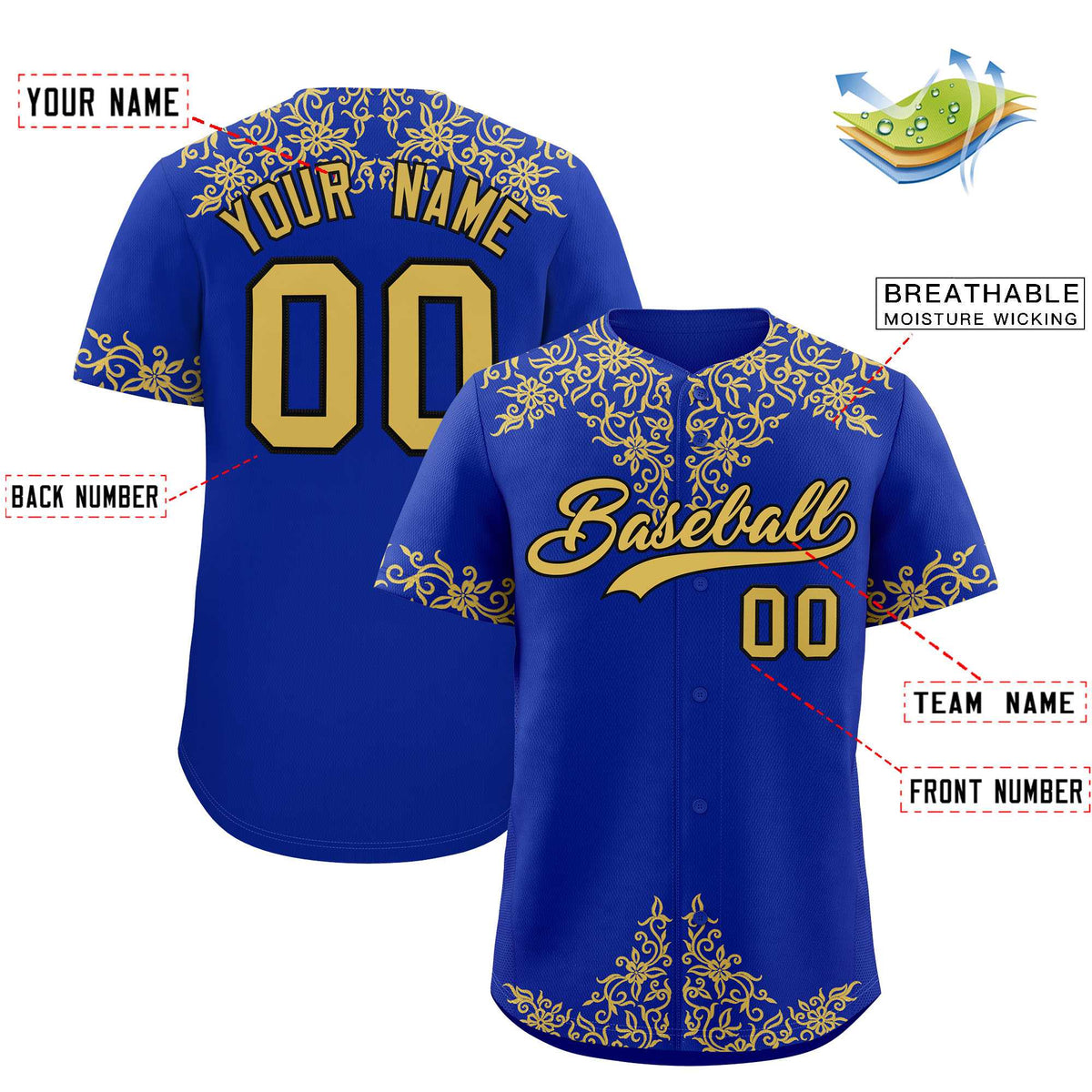 Custom Royal Old Gold Baroque Style Personalized Baseball Jersey| KXKSHOP