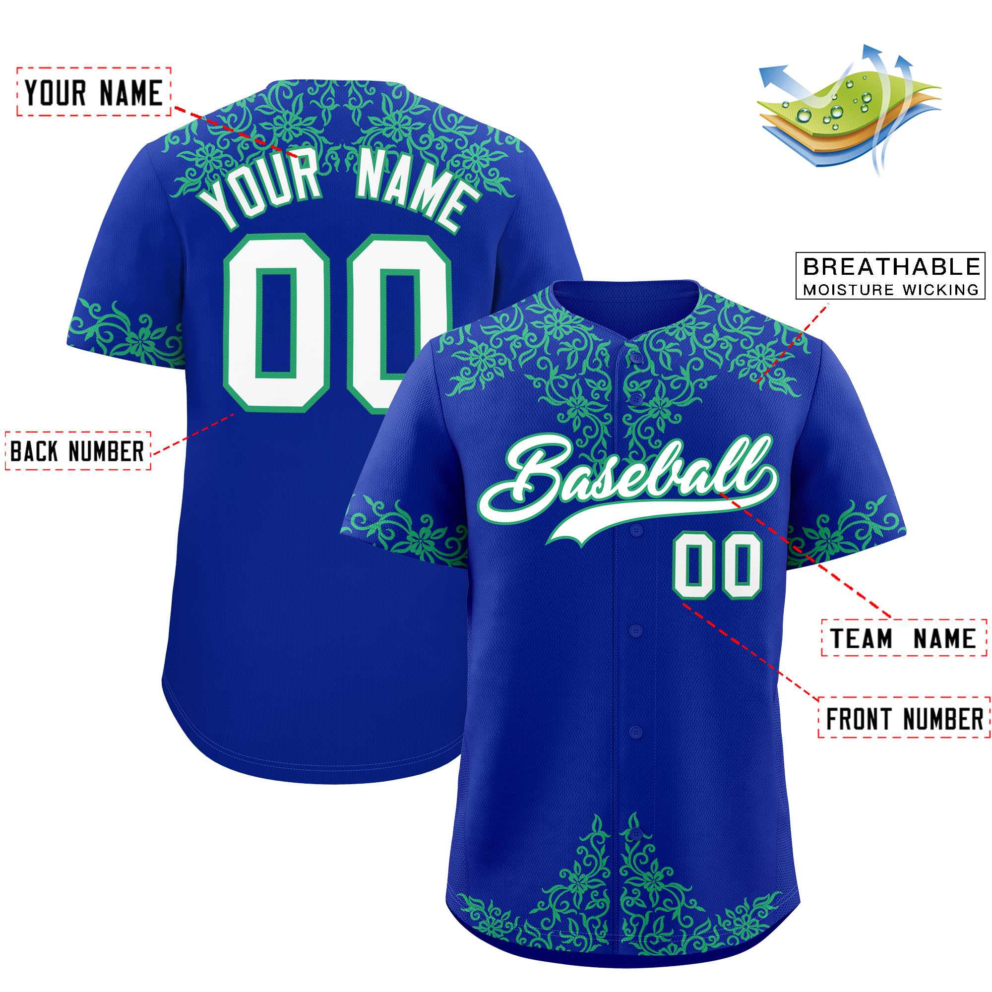 Custom Royal Bright Green Baroque Style Personalized Baseball Jersey| KXKSHOP