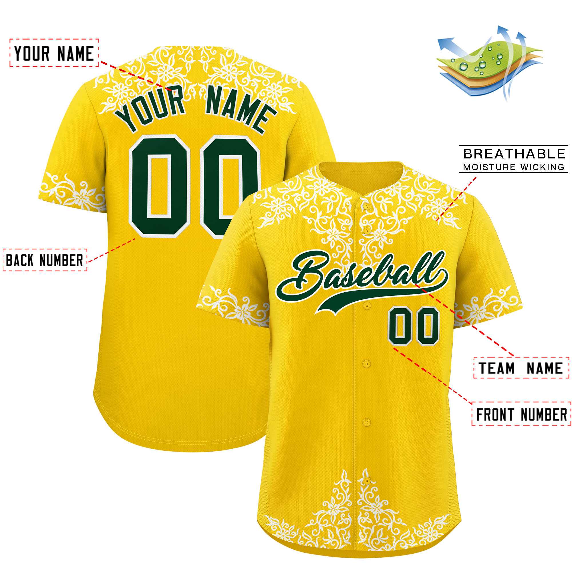 Custom Gold White Baroque Style Personalized Baseball Jersey| KXKSHOP