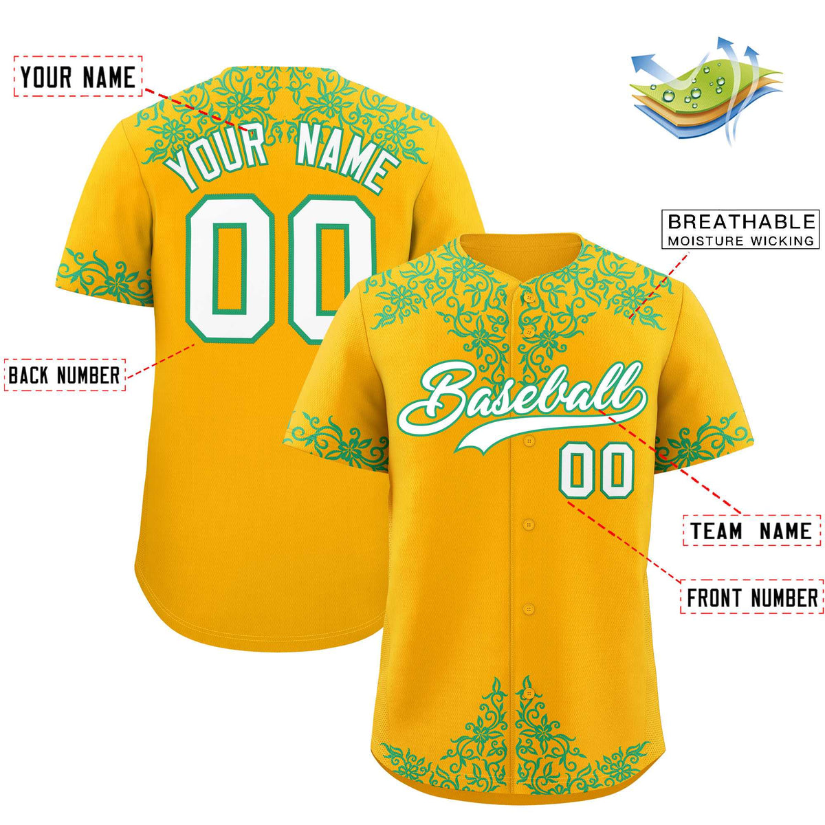 Custom Yellow Bright Green Baroque Style Personalized Baseball Jersey| KXKSHOP