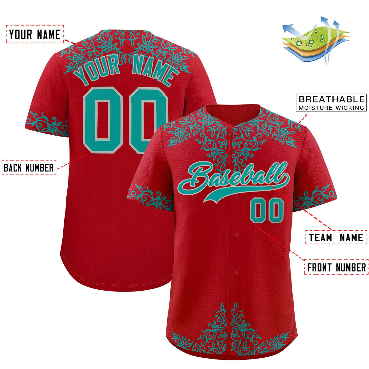 Custom Red Teal Baroque Style Personalized Baseball Jersey| KXKSHOP