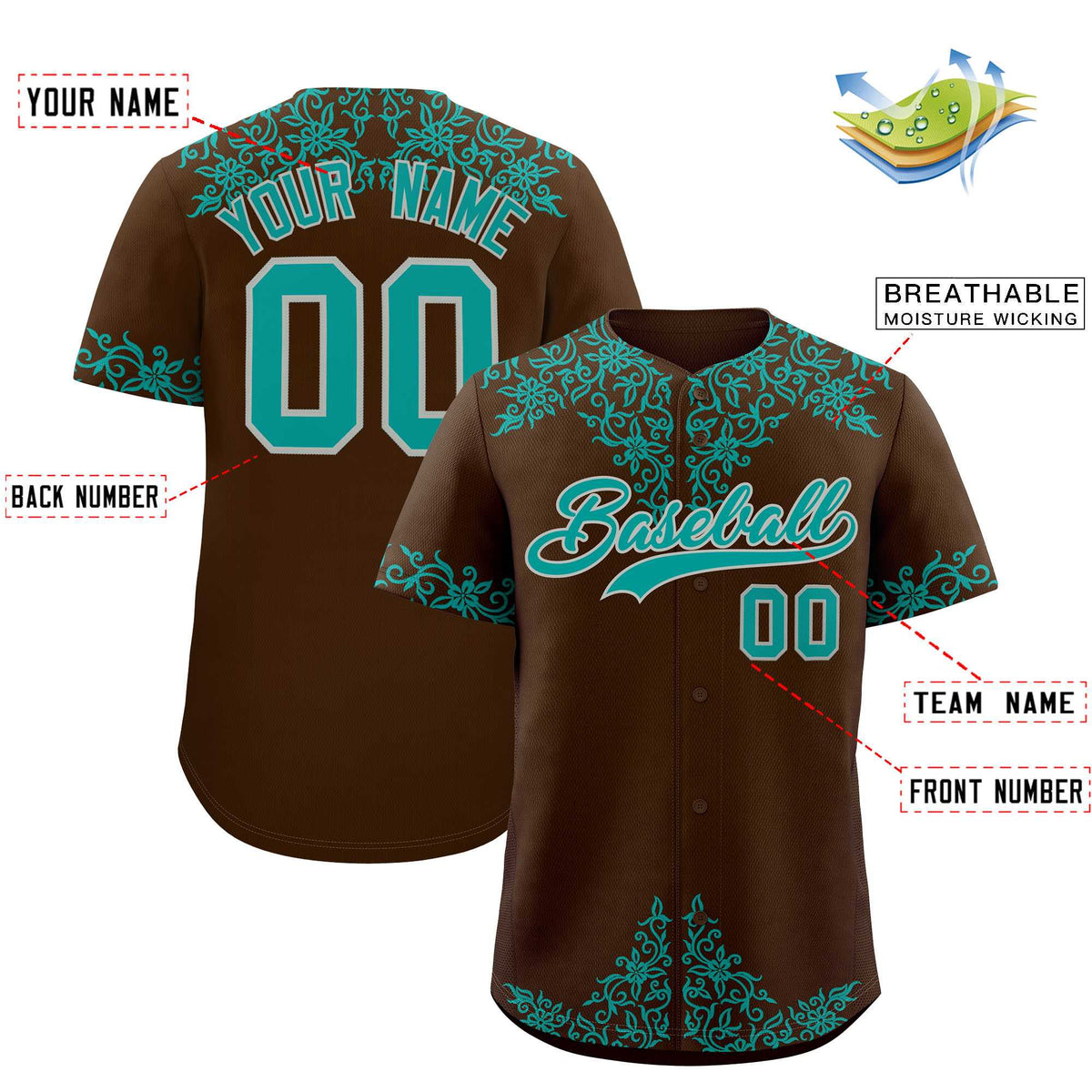 Custom Brown Teal Baroque Style Personalized Baseball Jersey| KXKSHOP