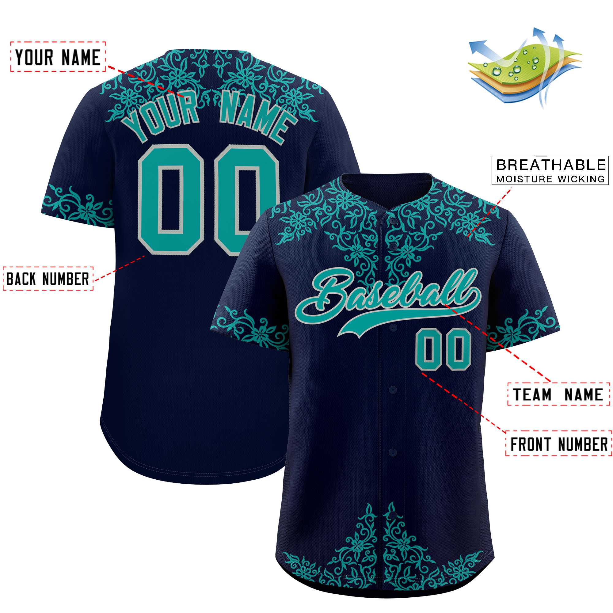 Custom Navy Teal Baroque Style Personalized Baseball Jersey| KXKSHOP