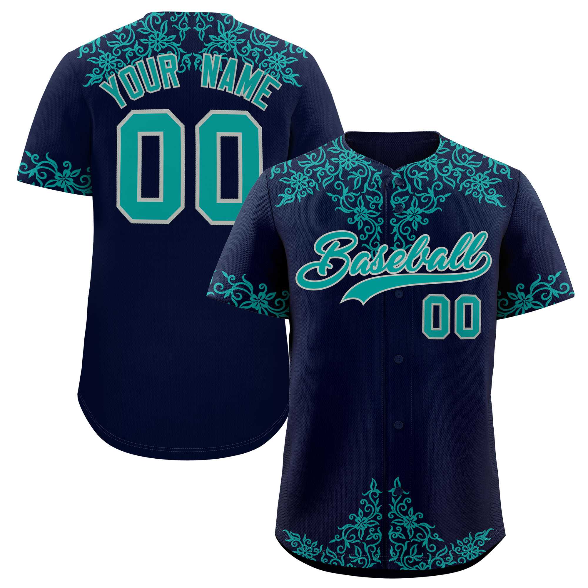 Custom Navy Teal Baroque Style Personalized Baseball Jersey| KXKSHOP