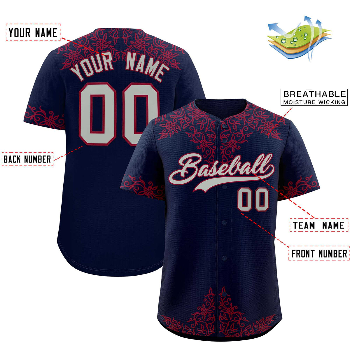 Custom Navy Crimson Baroque Style Personalized Baseball Jersey| KXKSHOP