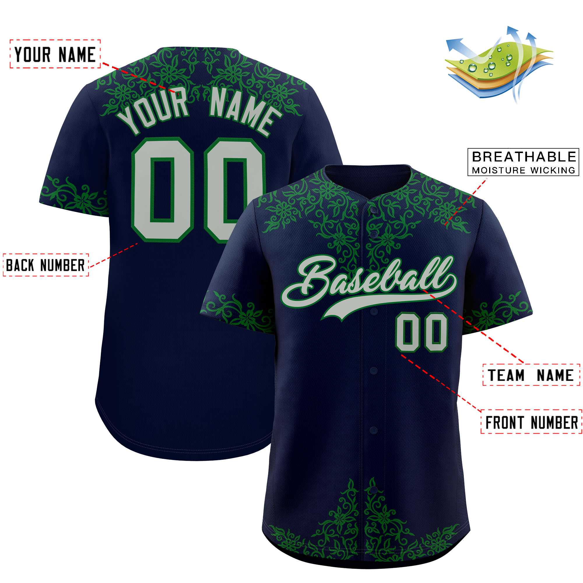 Custom Navy Kelly Green Baroque Style Personalized Baseball Jersey| KXKSHOP