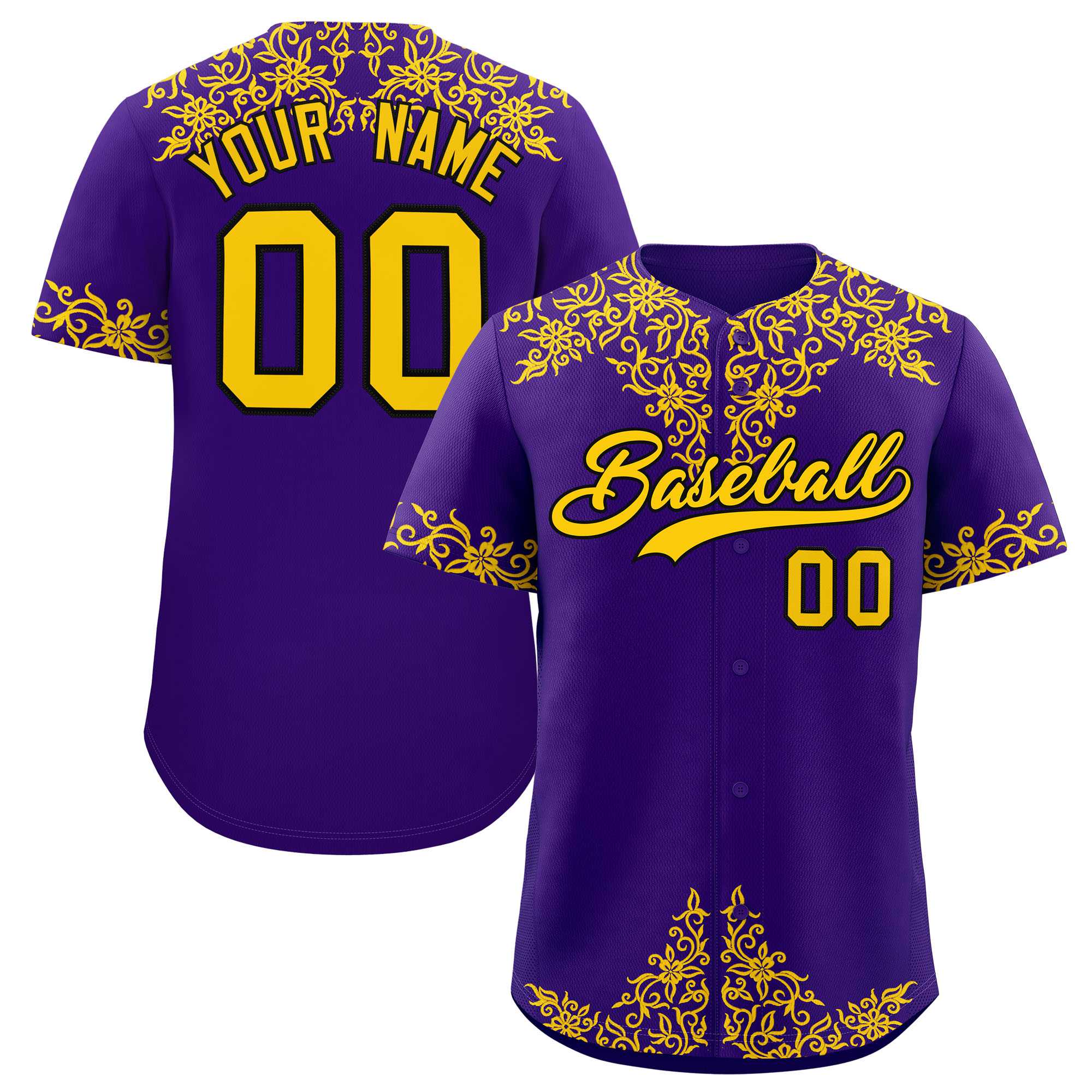 Custom Purple Gold Baroque Style Personalized Baseball Jersey| KXKSHOP