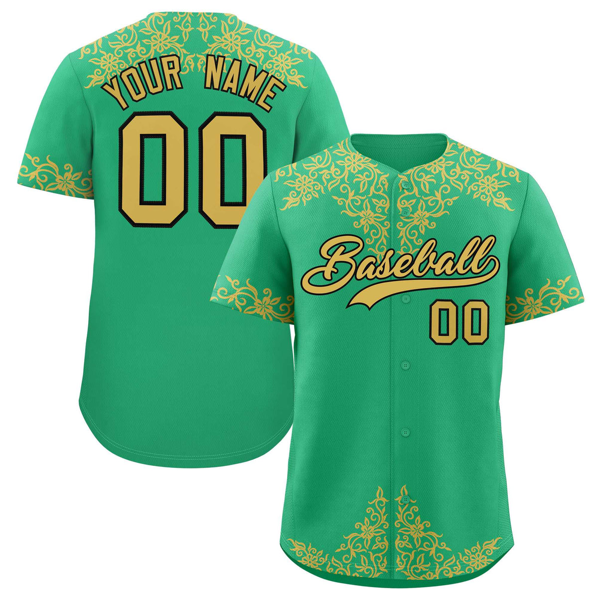 Custom Bright Green Old Gold Baroque Style Personalized Baseball Jersey| KXKSHOP