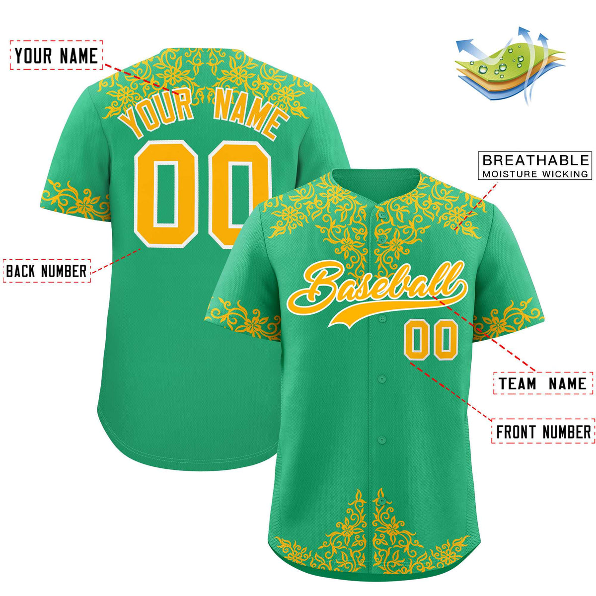 Custom Bright Green Gold Baroque Style Personalized Baseball Jersey| KXKSHOP