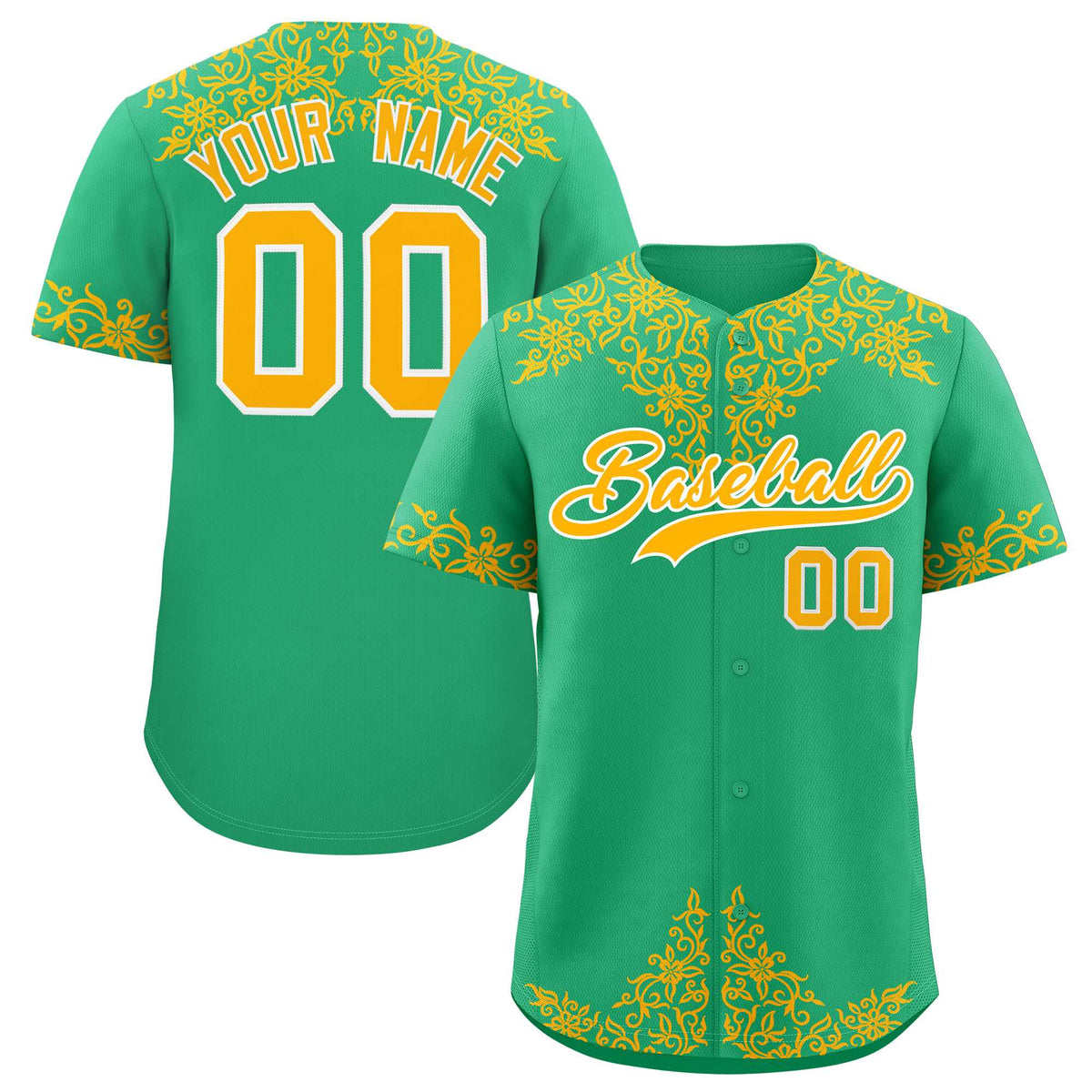 Custom Bright Green Gold Baroque Style Personalized Baseball Jersey| KXKSHOP