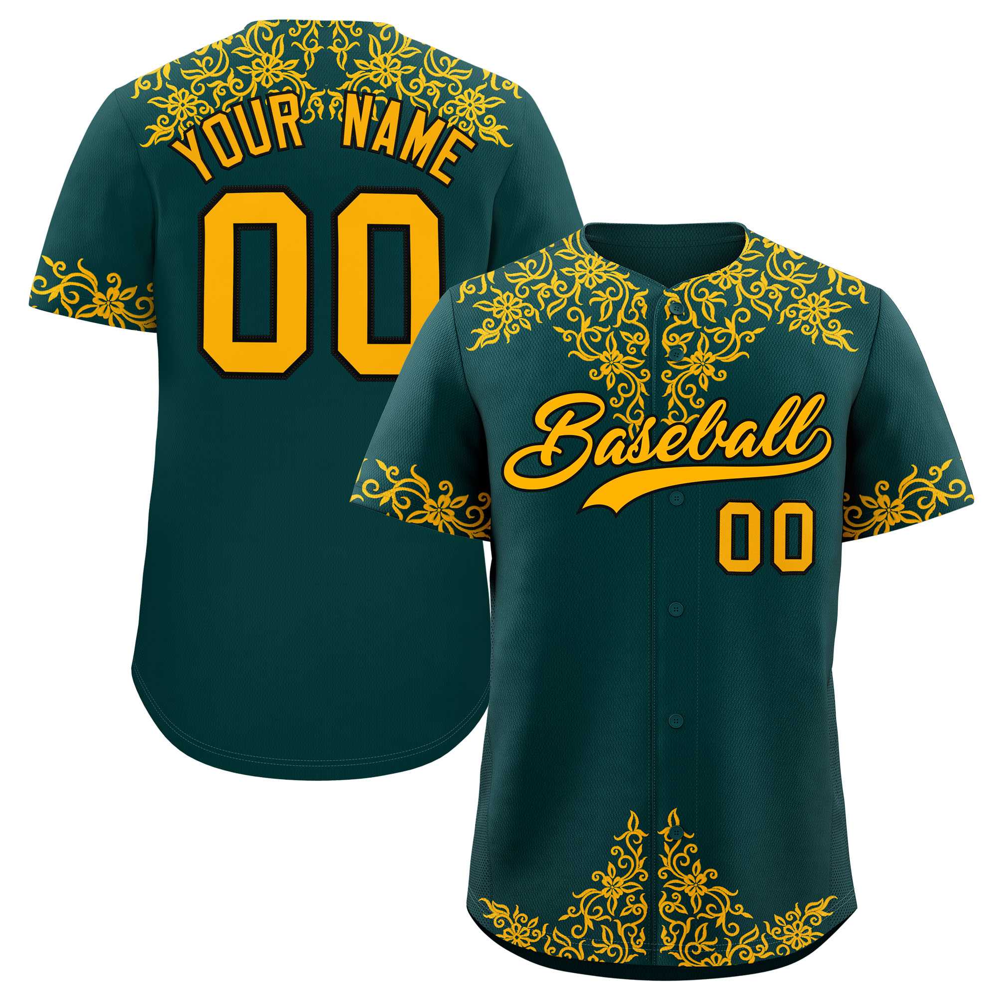Custom Midnight Green Gold Baroque Style Personalized Baseball Jersey| KXKSHOP
