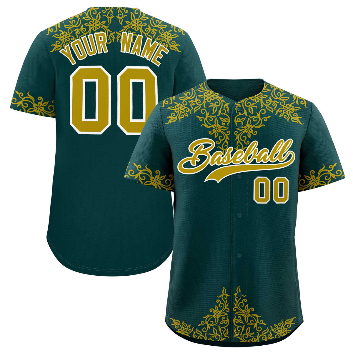 Custom Midnight Green Old Gold Baroque Style Personalized Baseball Jersey| KXKSHOP