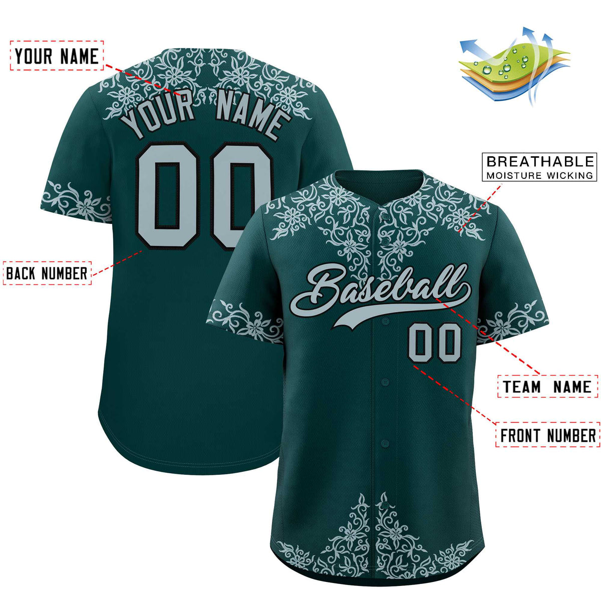 Custom Midnight Green Silver Baroque Style Personalized Baseball Jersey| KXKSHOP