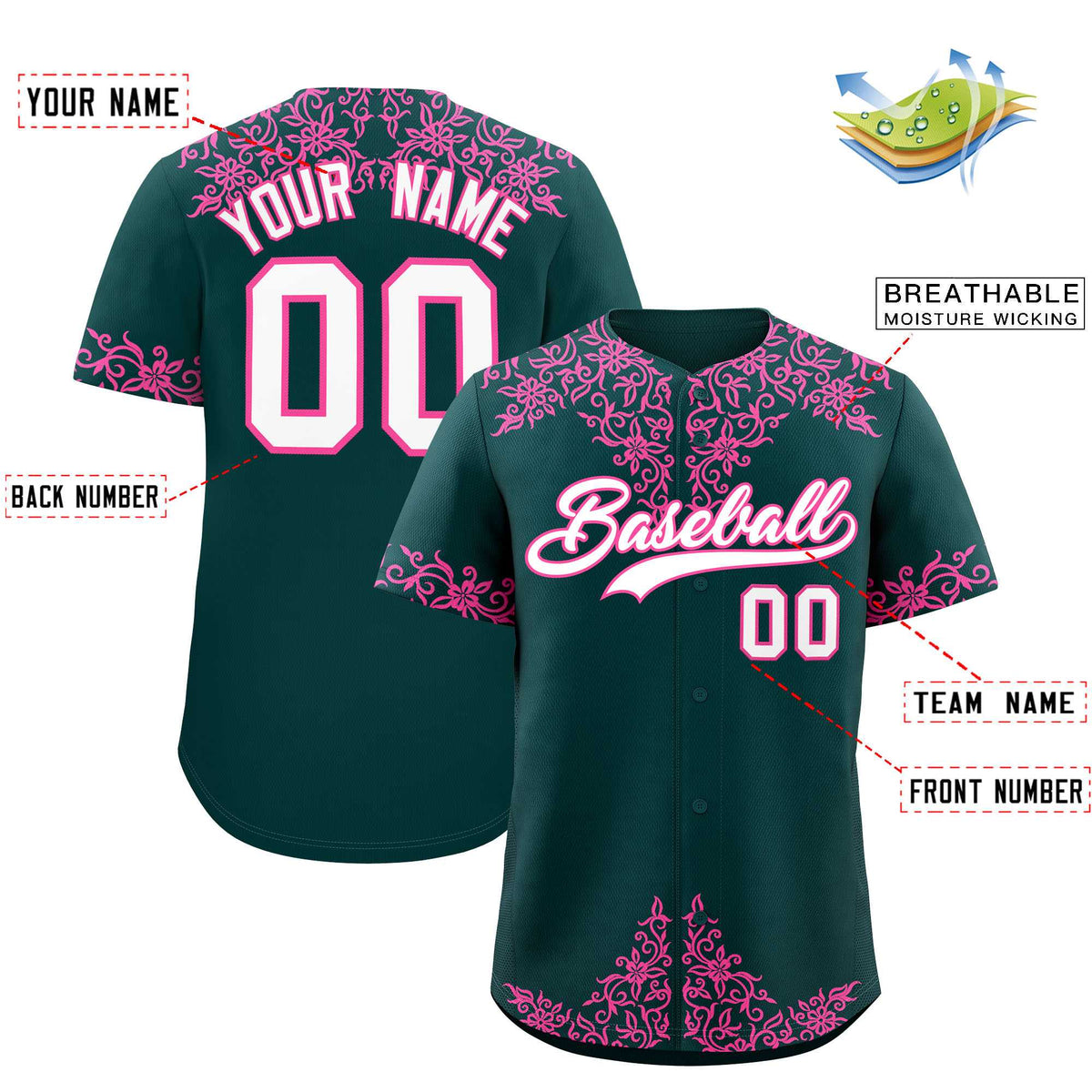 Custom Midnight Green Pink Baroque Style Personalized Baseball Jersey| KXKSHOP