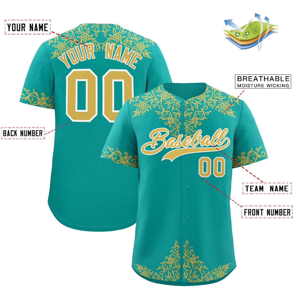 Custom Aqua Old Gold Baroque Style Personalized Baseball Jersey| KXKSHOP