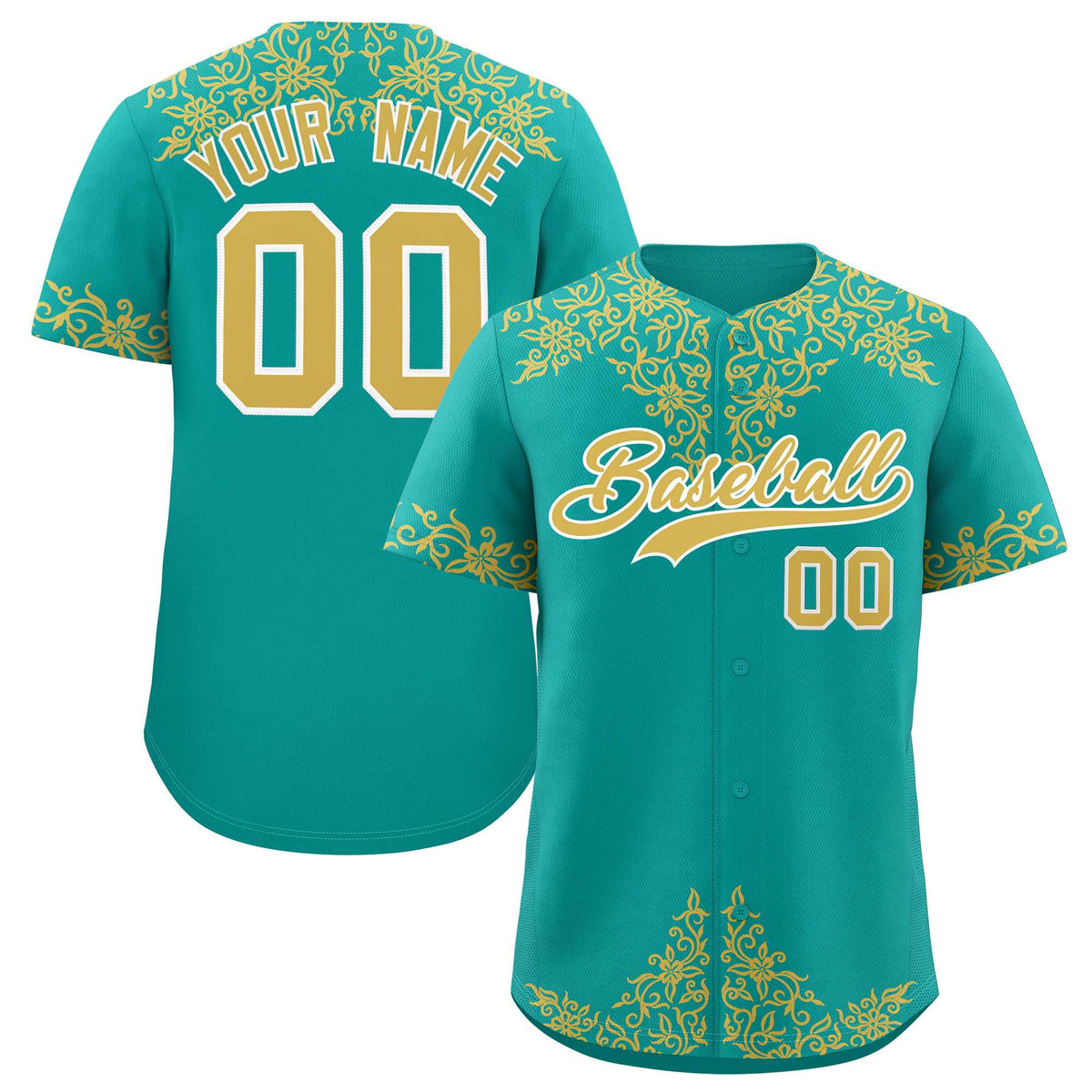 Custom Aqua Old Gold Baroque Style Personalized Baseball Jersey| KXKSHOP