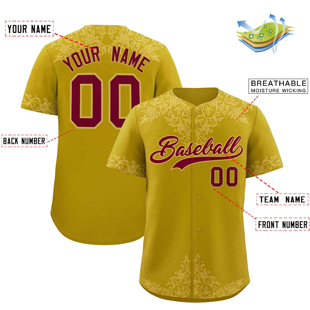 Custom Old Gold Old Gold Baroque Style Personalized Baseball Jersey| KXKSHOP