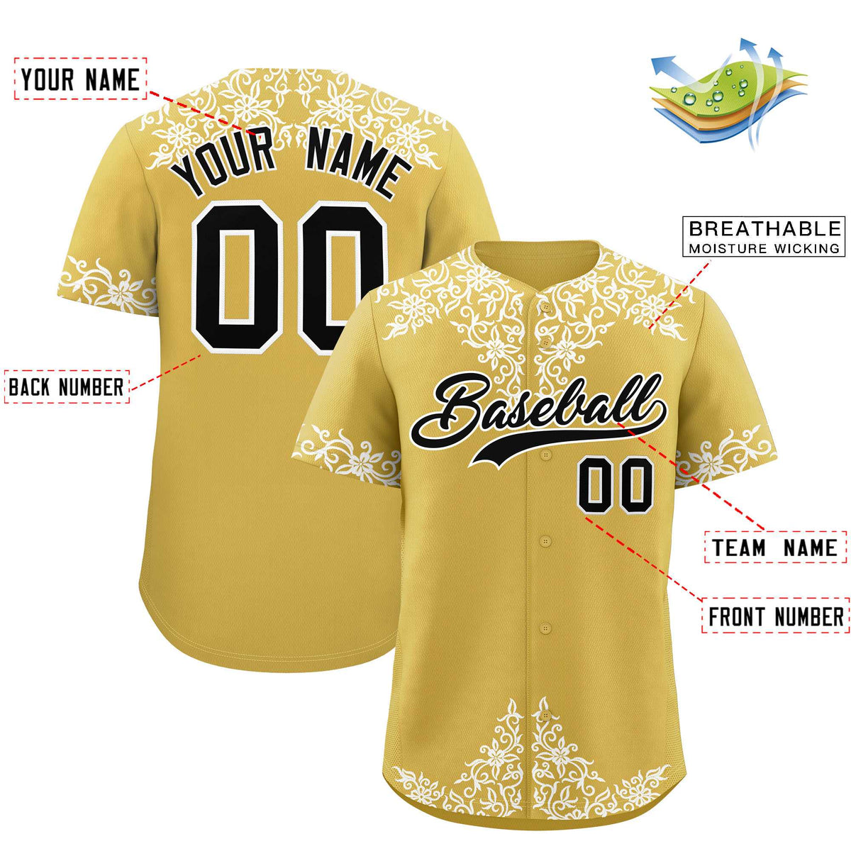 Custom Old Gold White Baroque Style Personalized Baseball Jersey| KXKSHOP