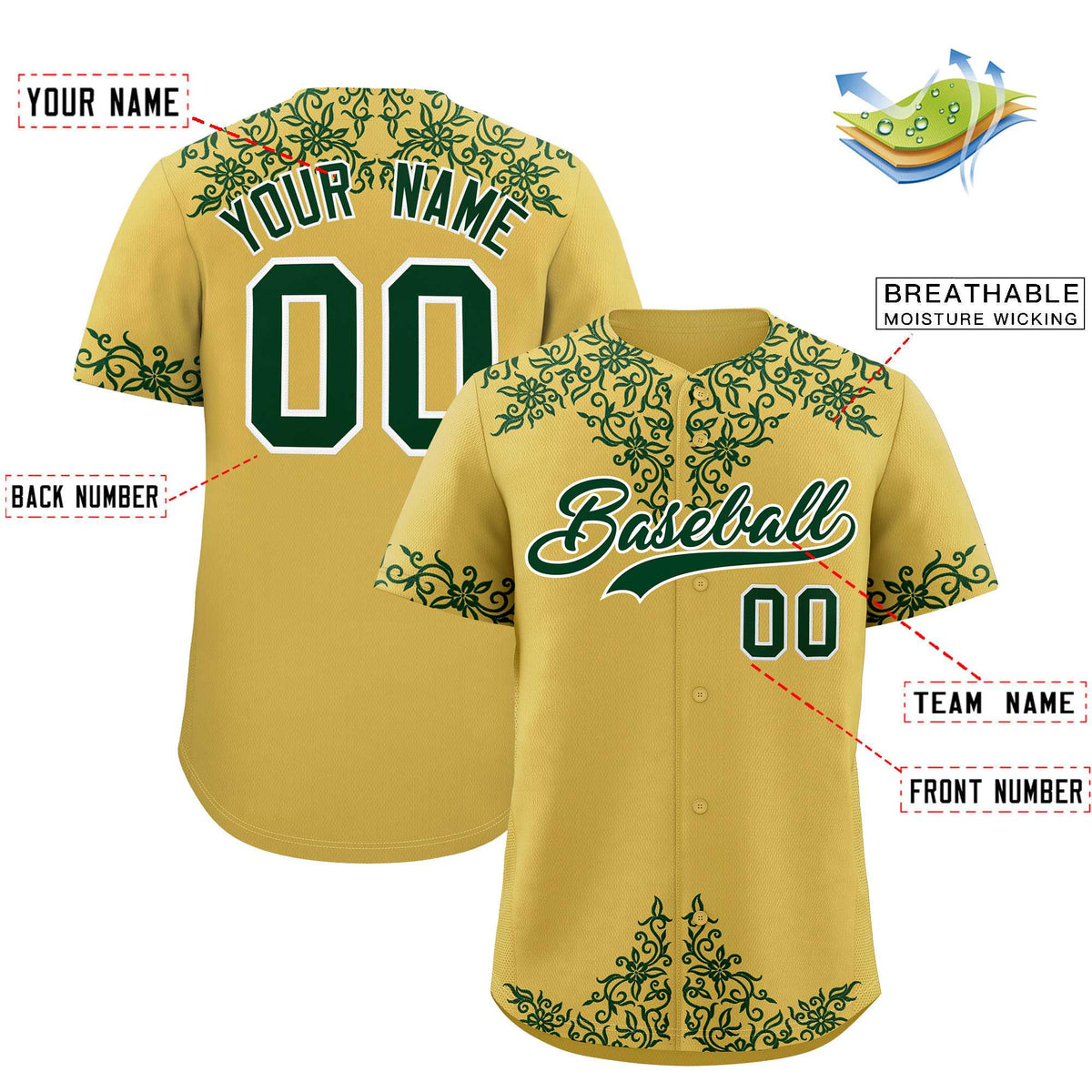 Custom Old Gold Green Baroque Style Personalized Baseball Jersey| KXKSHOP