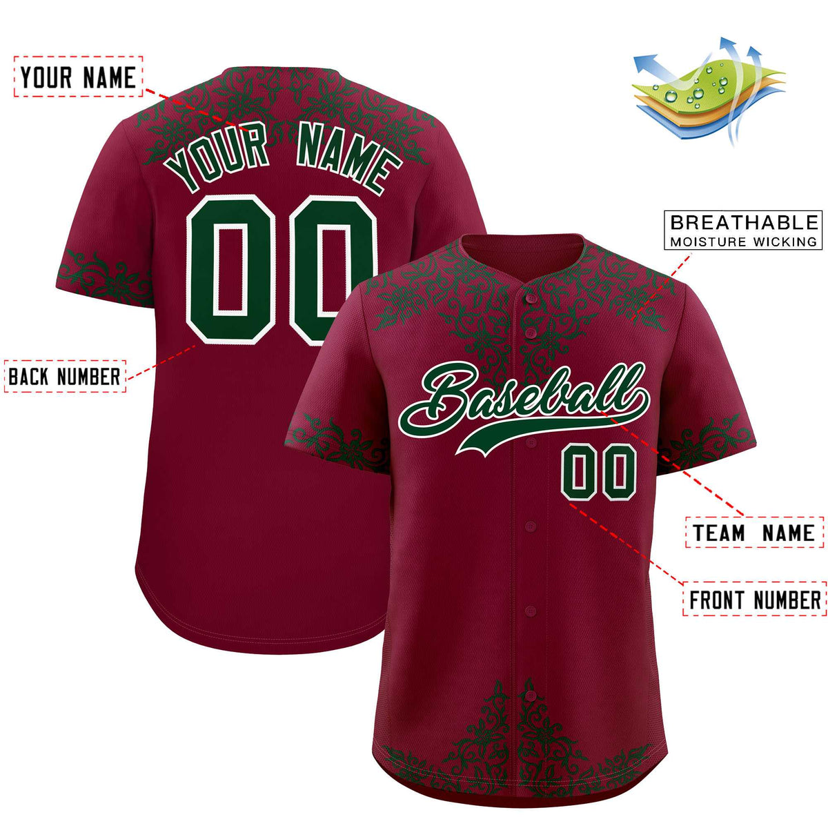 Custom Crimson Green Baroque Style Personalized Baseball Jersey| KXKSHOP