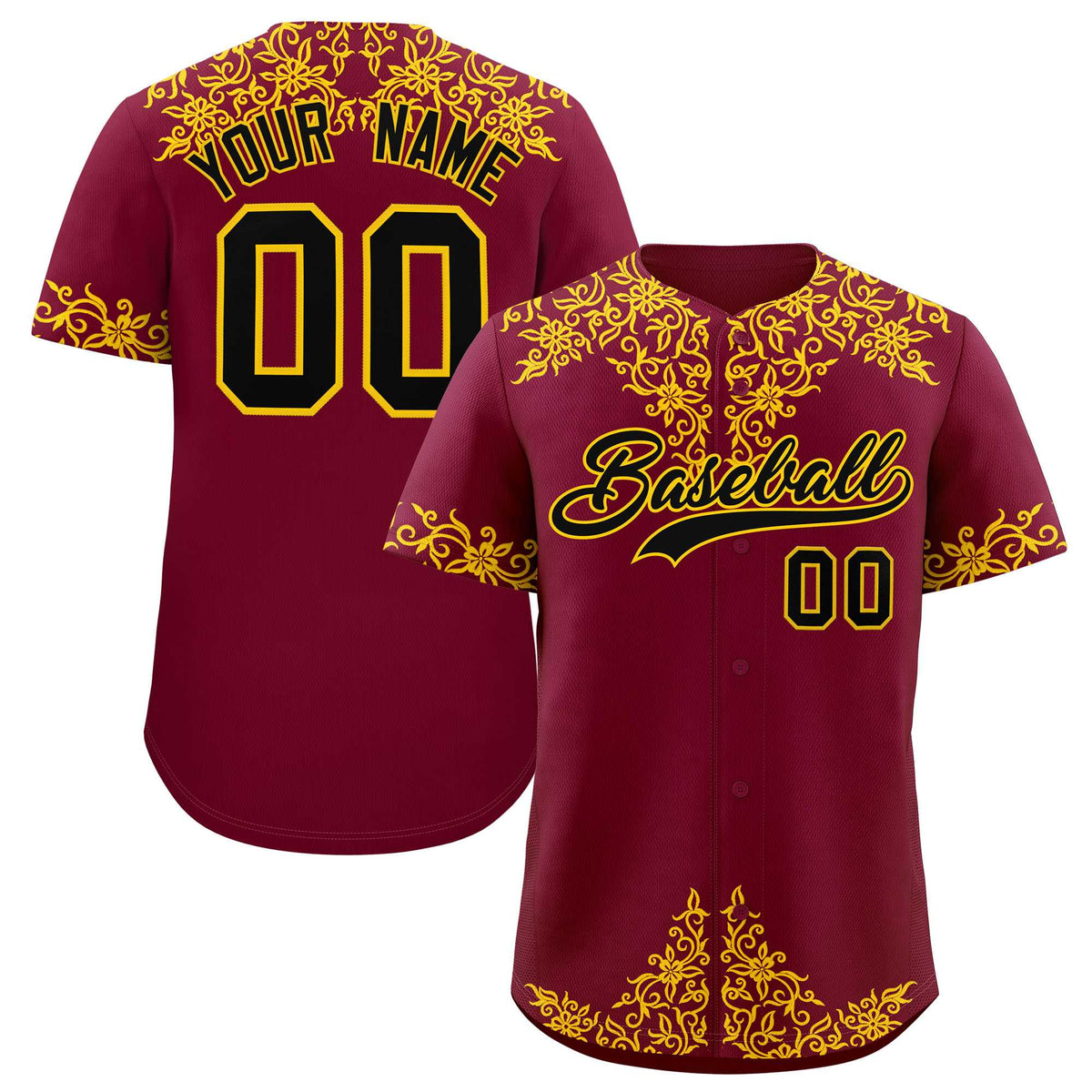 Custom Crimson Yellow Baroque Style Personalized Baseball Jersey| KXKSHOP